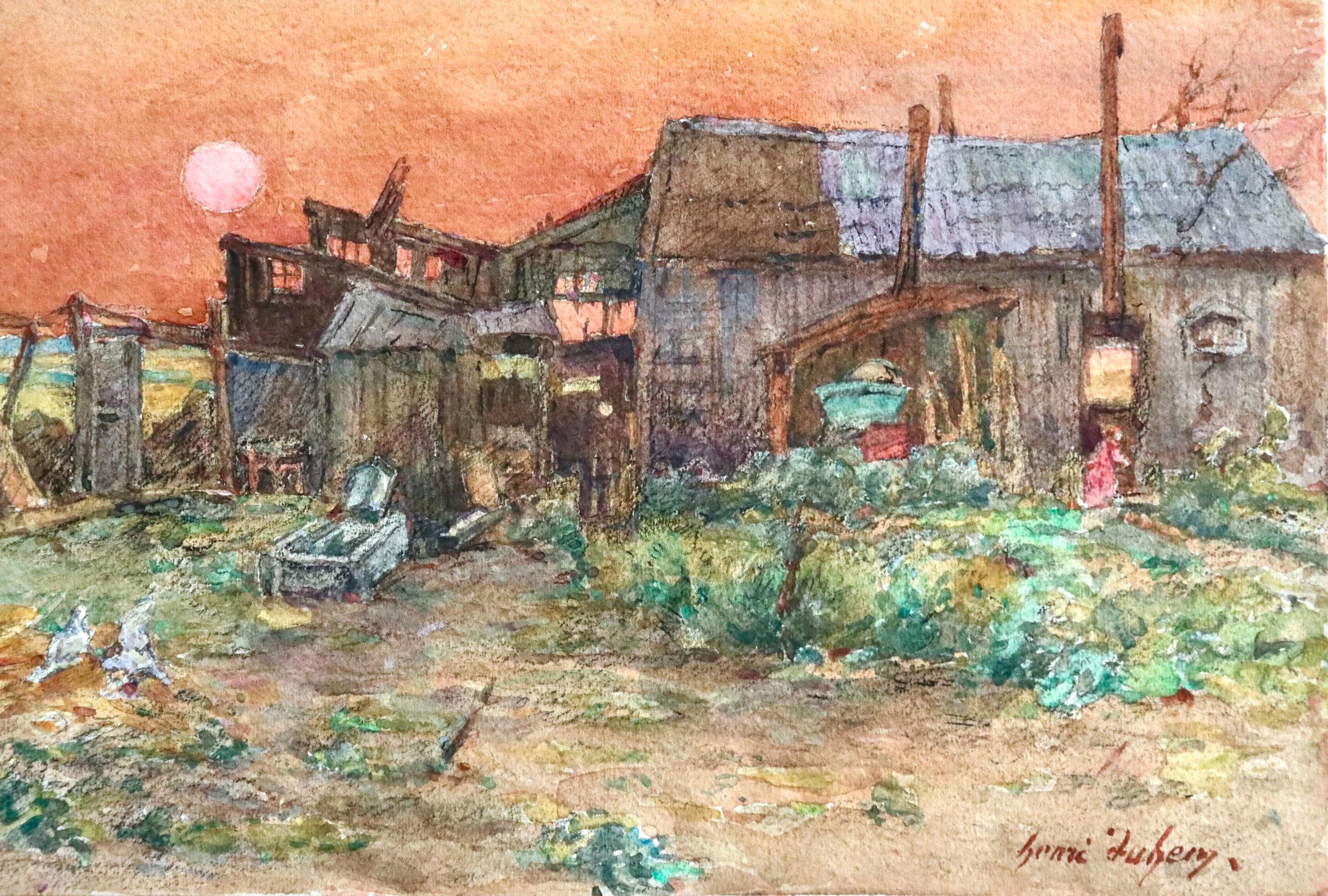 Watercolour on paper circa 1925 depicting a young girl running through a farmyard as the sun sets red in the distance. Signed lower right. This painting is not currently framed but a suitable frame can be sourced if required.

Descendant of an old