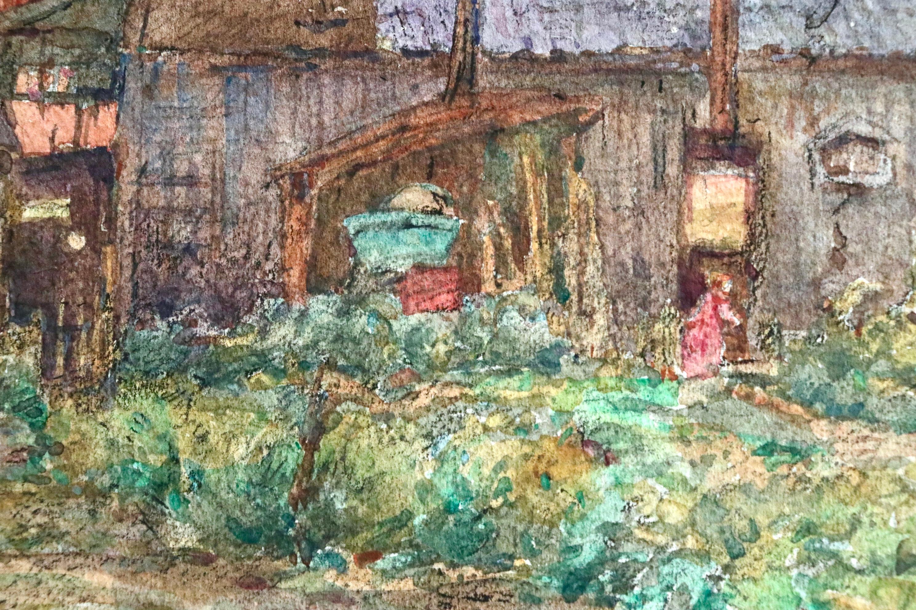 À la ferme - coucher de soleil - 19th Century Watercolor, Landscape by H Duhem For Sale 1