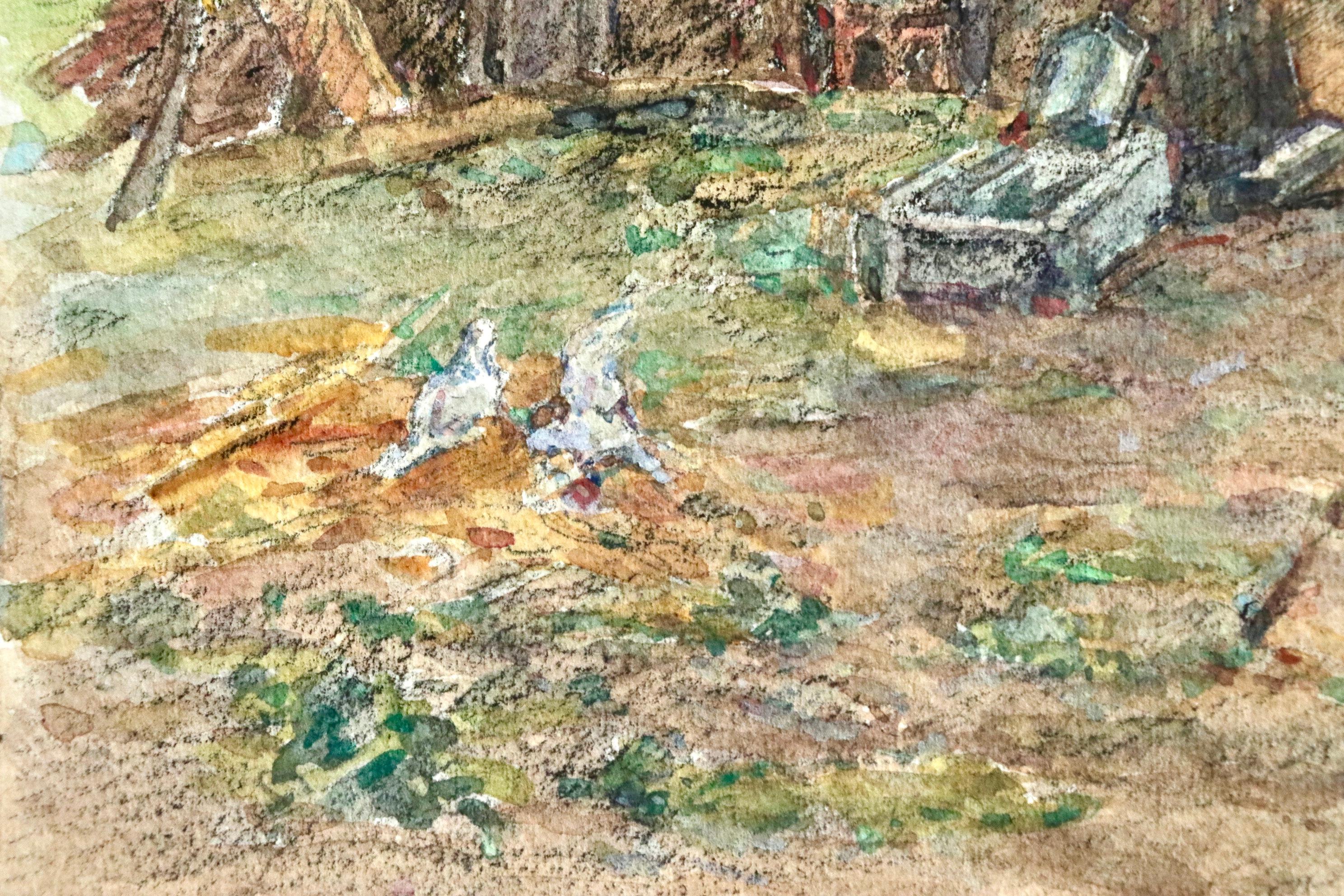 À la ferme - coucher de soleil - 19th Century Watercolor, Landscape by H Duhem For Sale 2