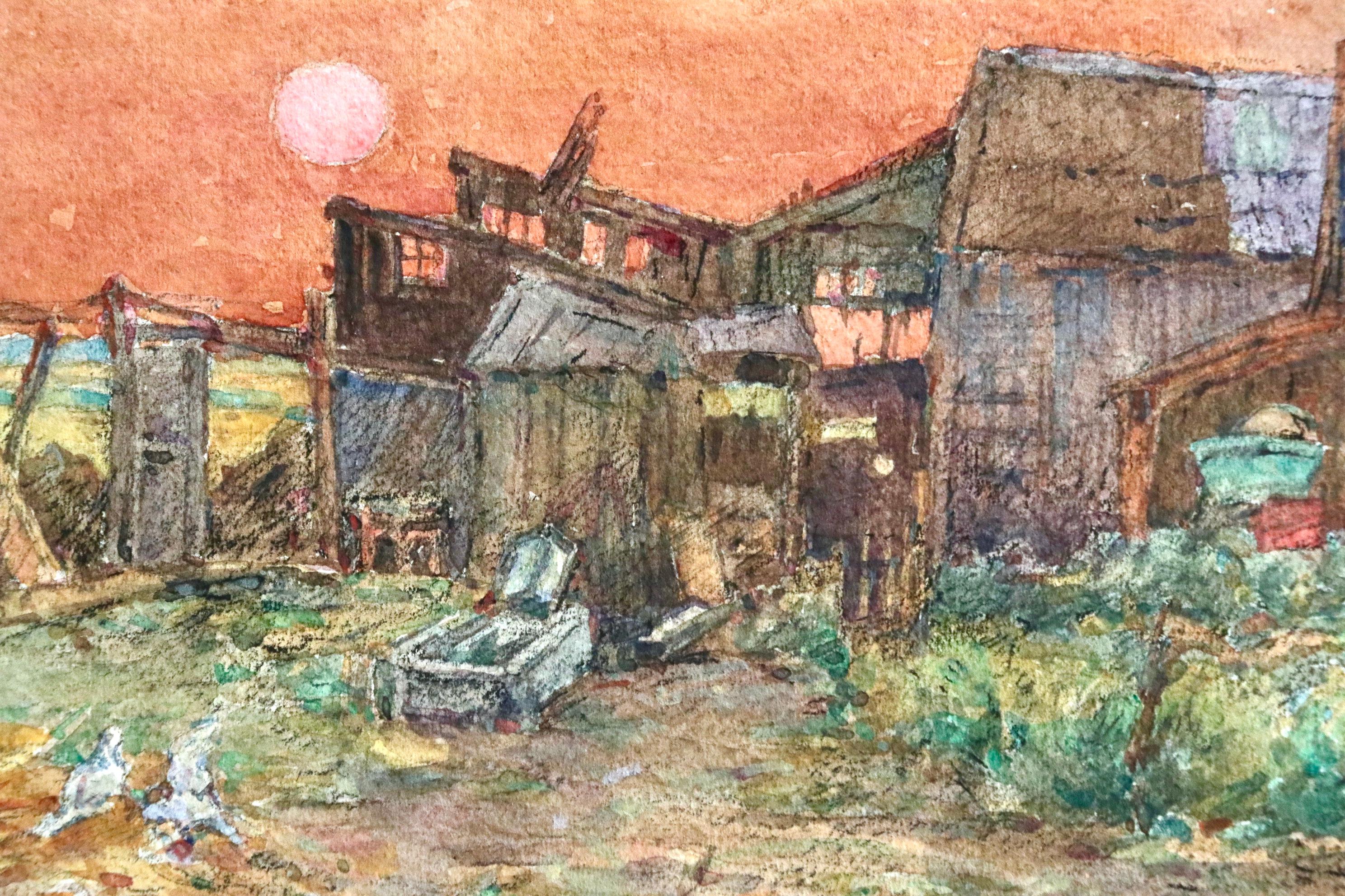 À la ferme - coucher de soleil - 19th Century Watercolor, Landscape by H Duhem For Sale 3