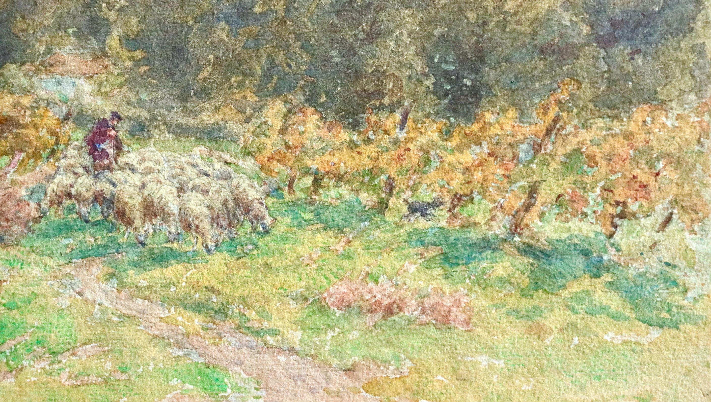 Drover & his Flock -19th Century Watercolor, Figure & Sheep in Landscape - Duhem - Impressionist Art by Henri Duhem