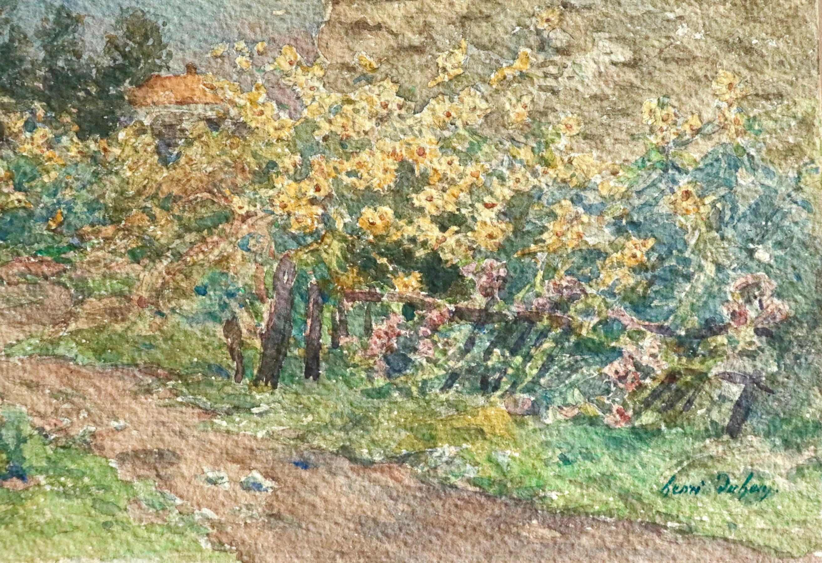 Fleurs d'automne - 19th Century Watercolor, Flowers in Autumn Landscape by Duhem - Impressionist Art by Henri Duhem