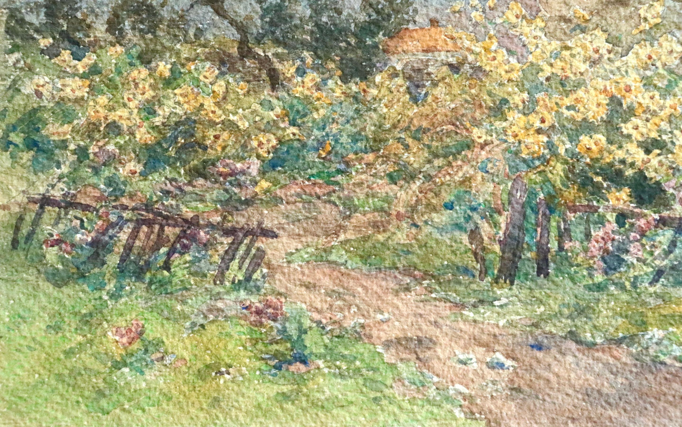 Fleurs d'automne - 19th Century Watercolor, Flowers in Autumn Landscape by Duhem 1