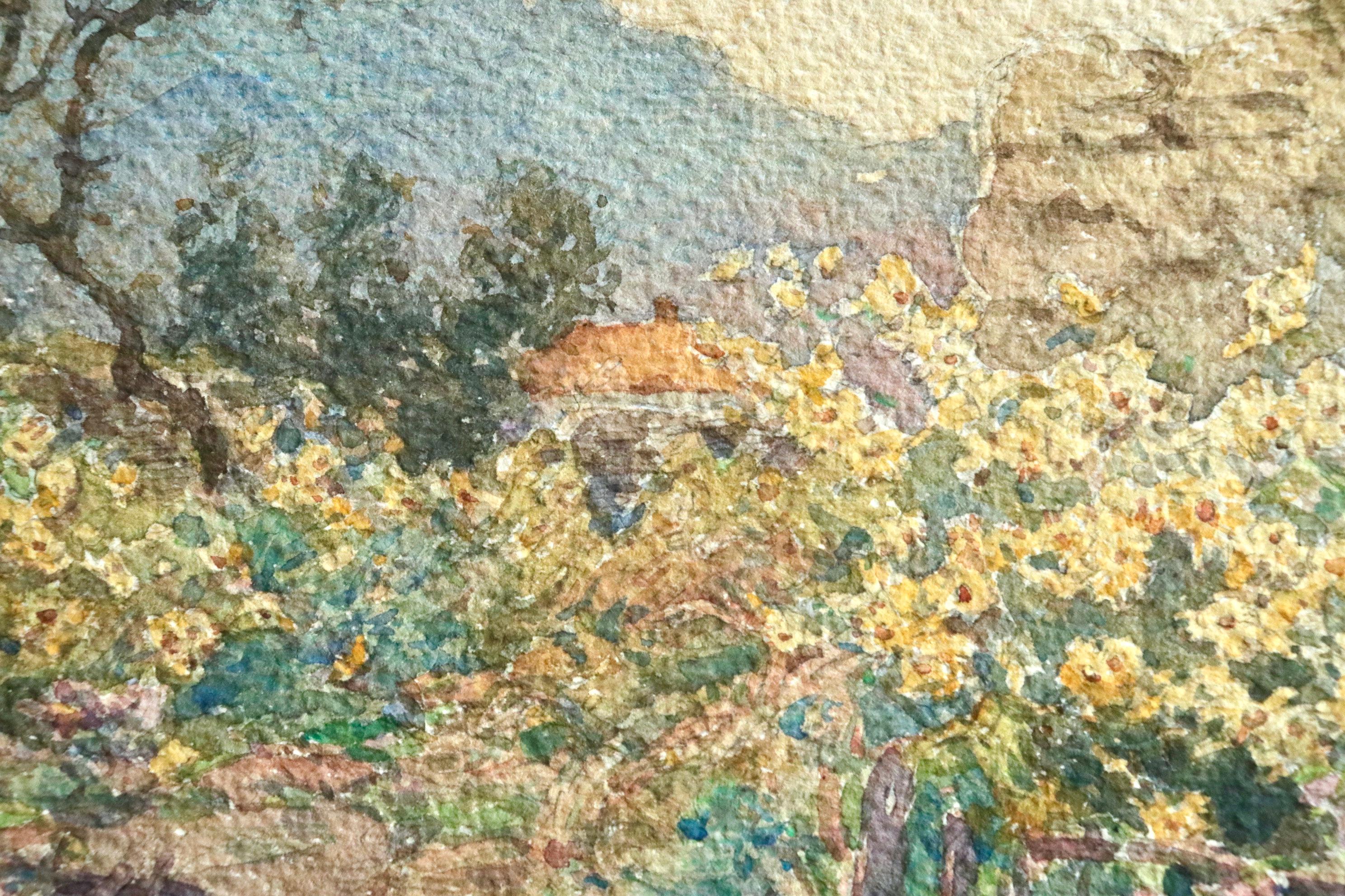 Fleurs d'automne - 19th Century Watercolor, Flowers in Autumn Landscape by Duhem 2