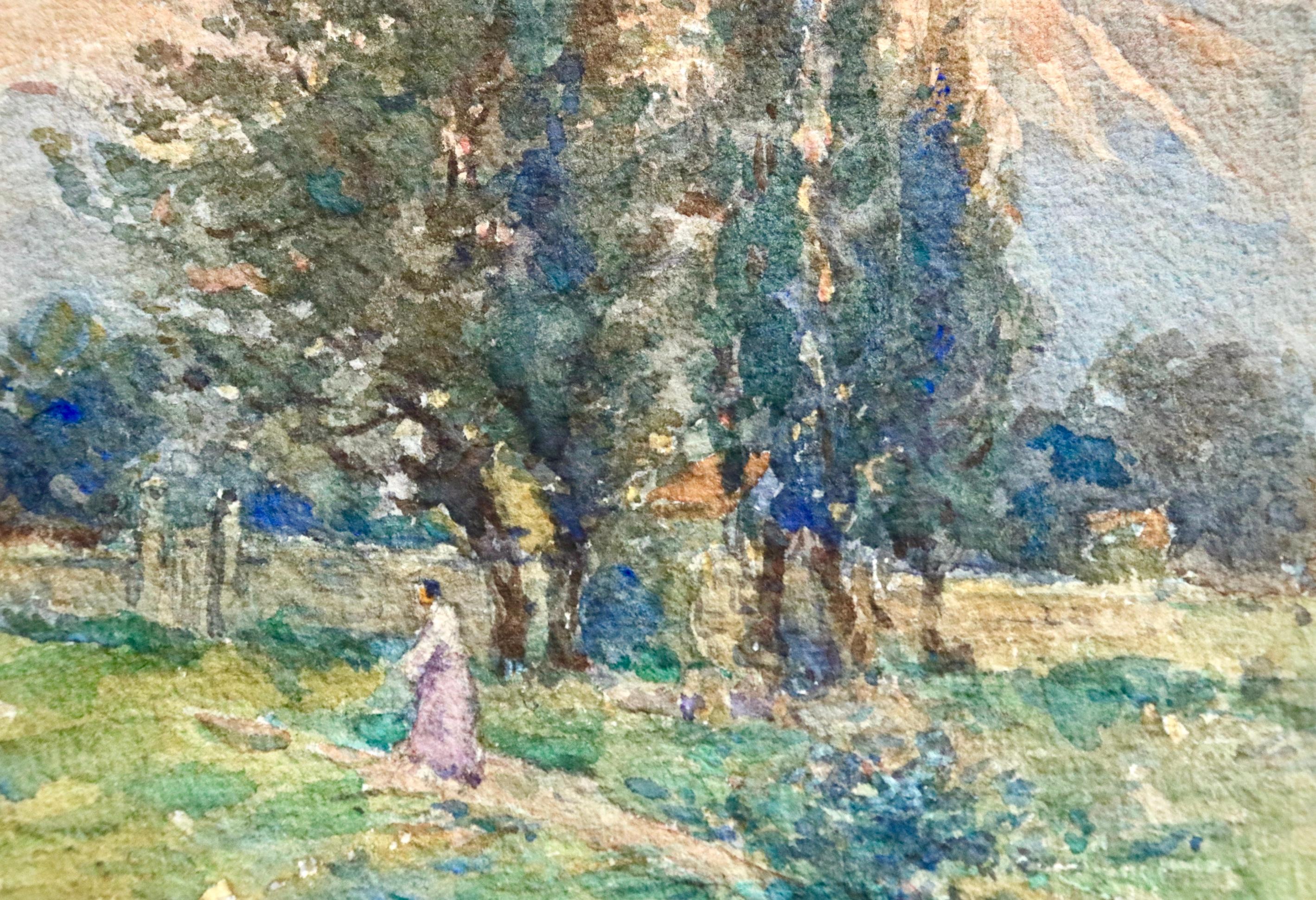 Coucher de Soleil sur la Montagne - 19th Century Watercolor, Landscape - H Duhem For Sale 1