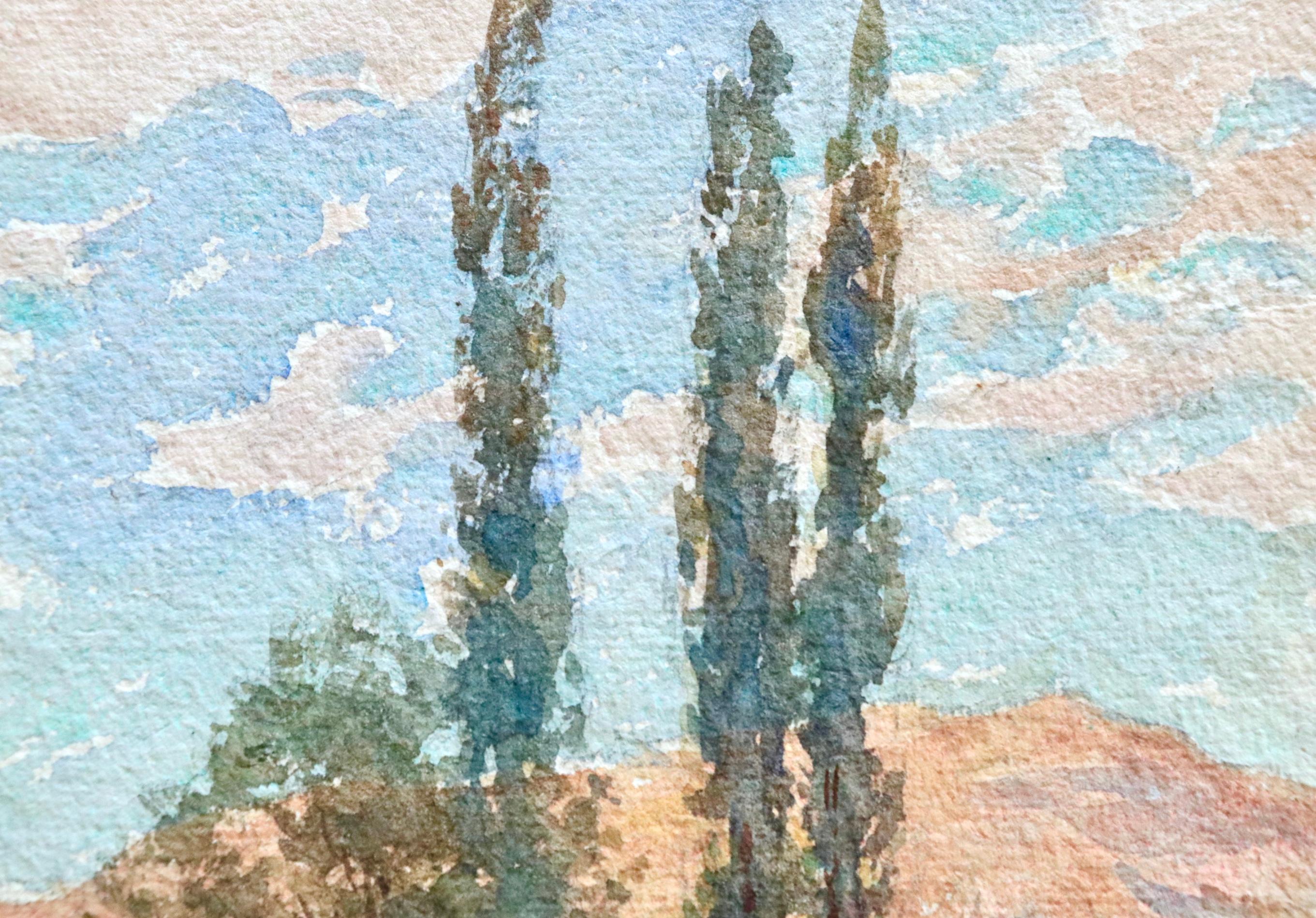 Aquarelle du 19ème siècle « Coucher de Soleil sur la Montagne », paysage, H Duhem en vente 2