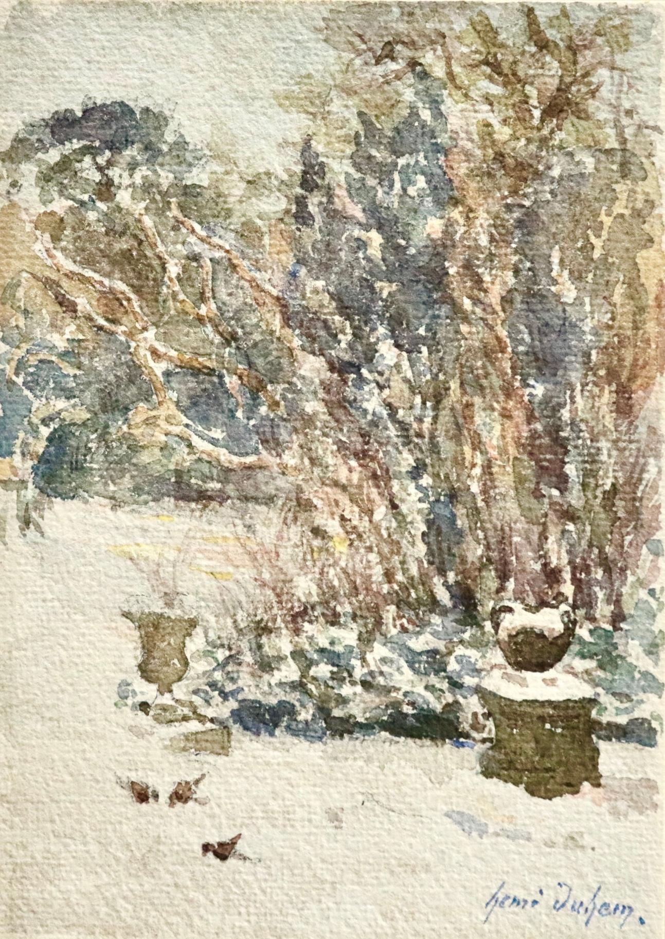Henri Duhem Landscape Painting - Oiseaux dans la neige - 19th Century Watercolor, Birds in Snowy Garden - H Duhem
