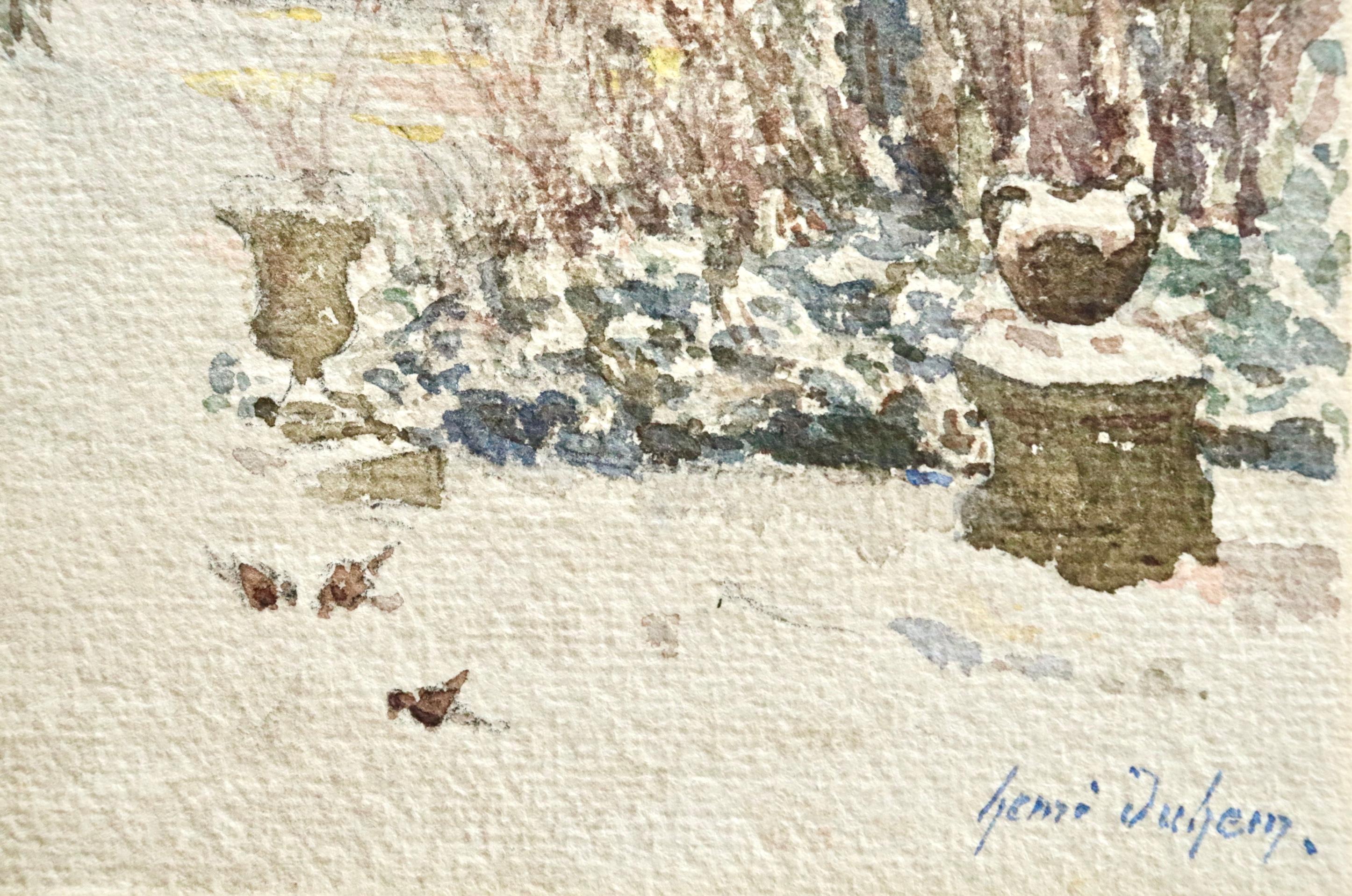 Oiseaux dans la neige - 19th Century Watercolor, Birds in Snowy Garden - H Duhem - Beige Landscape Painting by Henri Duhem