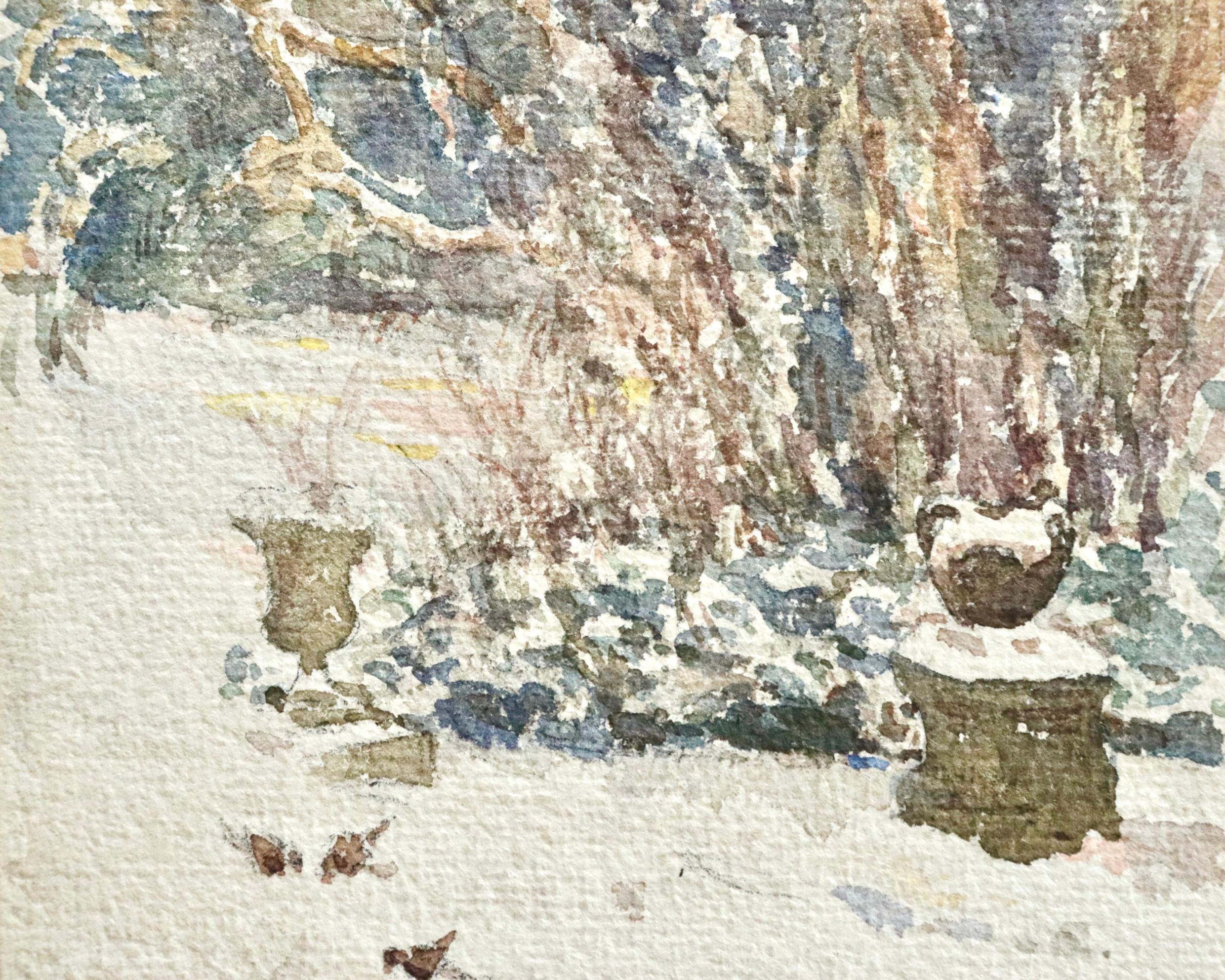 Oiseaux dans la neige - 19th Century Watercolor, Birds in Snowy Garden - H Duhem For Sale 1