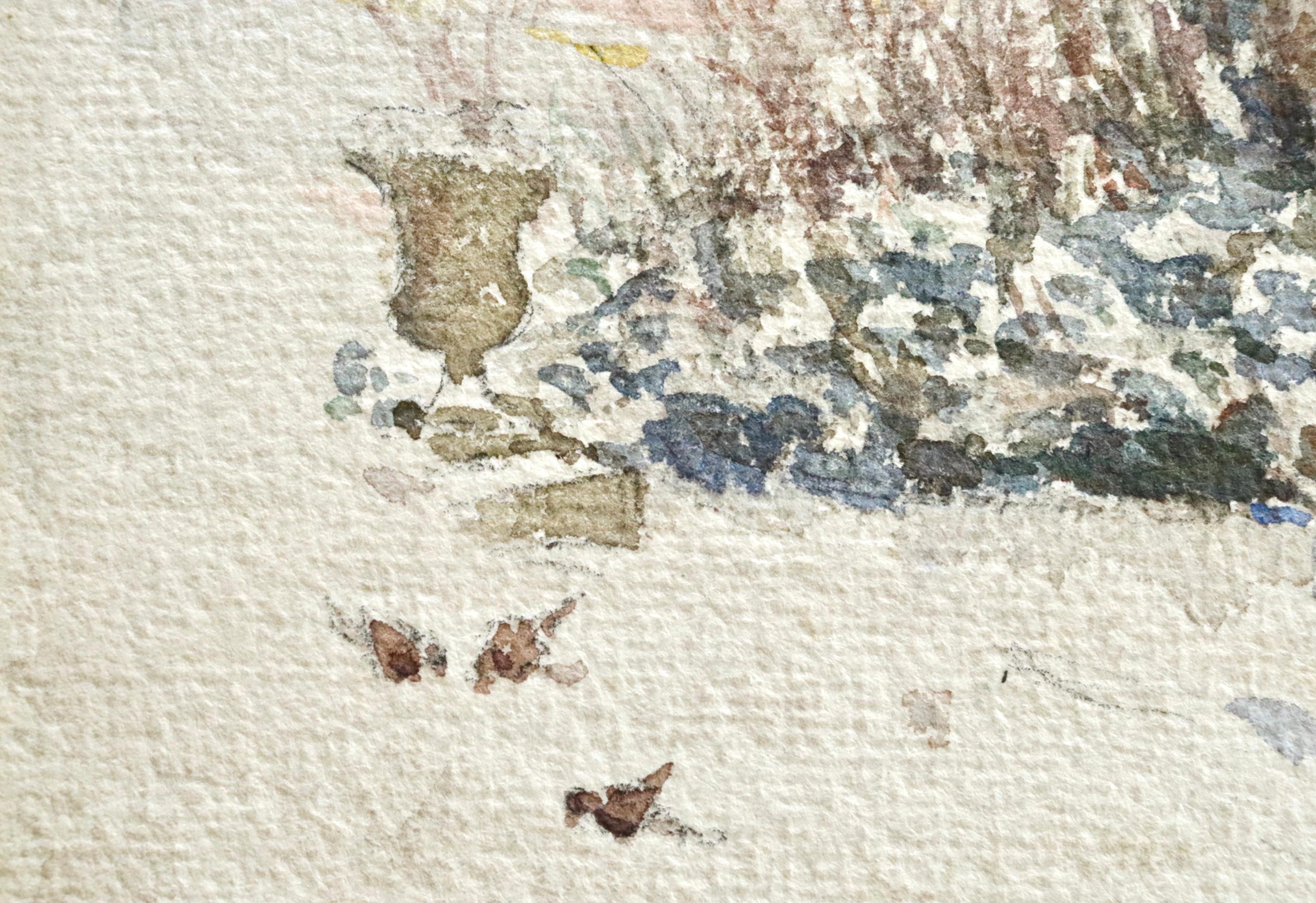 Oiseaux dans la neige - 19th Century Watercolor, Birds in Snowy Garden - H Duhem For Sale 2
