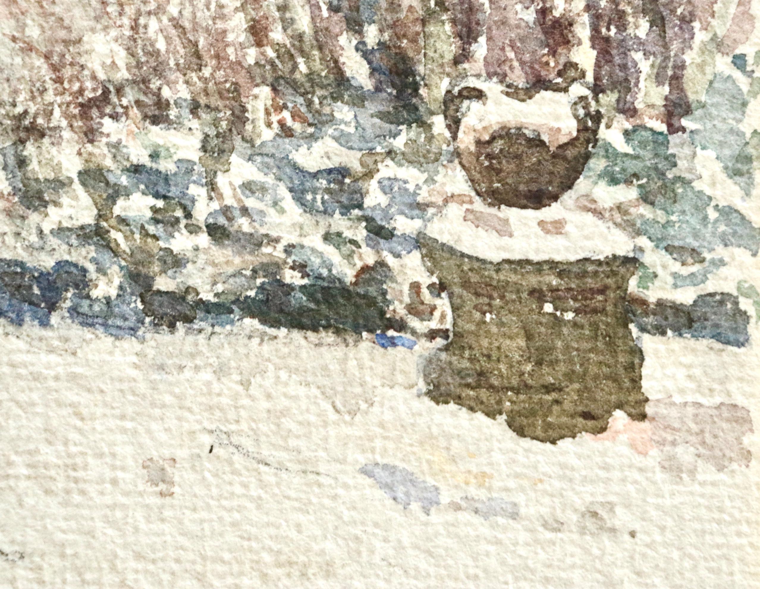 Oiseaux dans la neige - 19th Century Watercolor, Birds in Snowy Garden - H Duhem For Sale 3