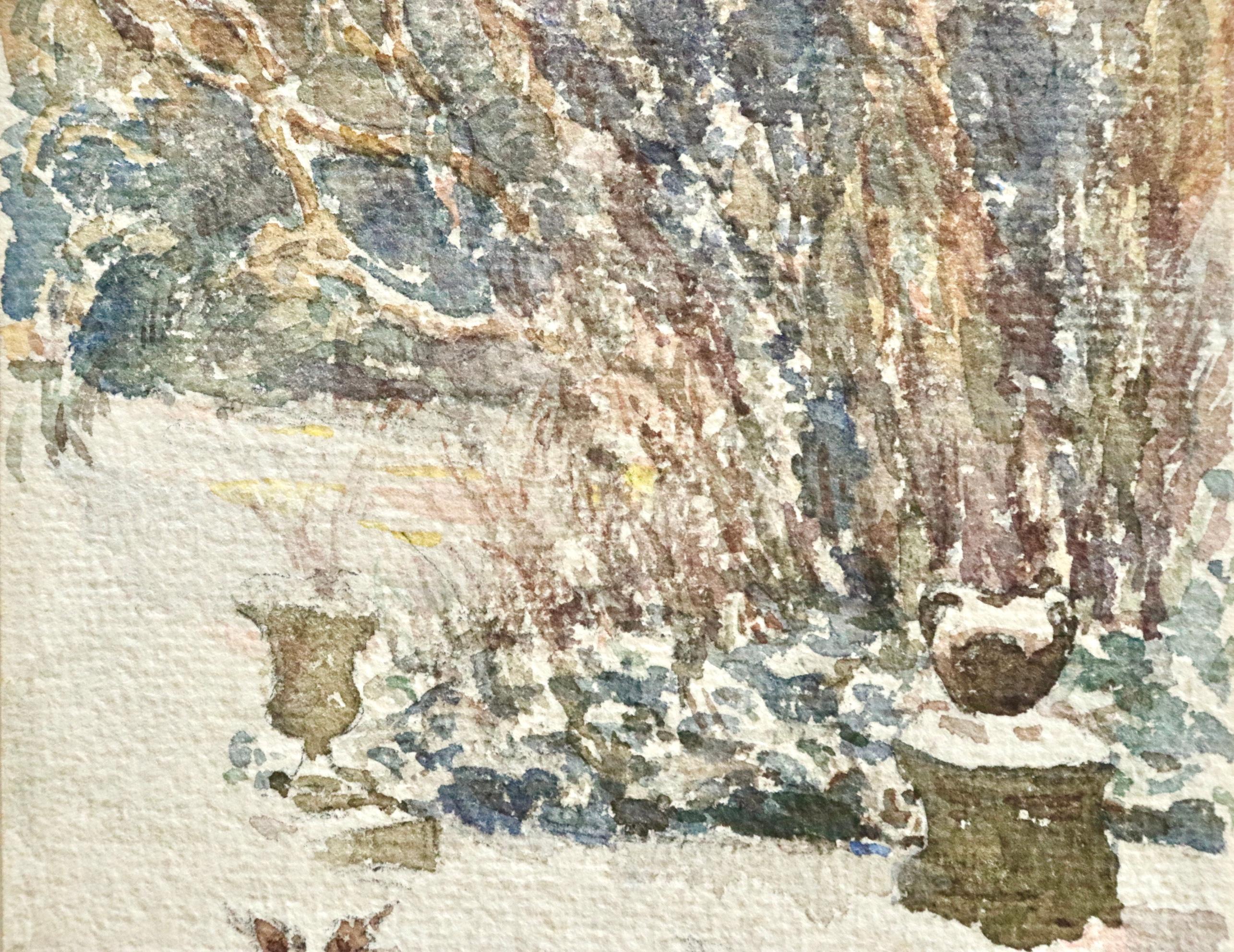 Oiseaux dans la neige - 19th Century Watercolor, Birds in Snowy Garden - H Duhem For Sale 4