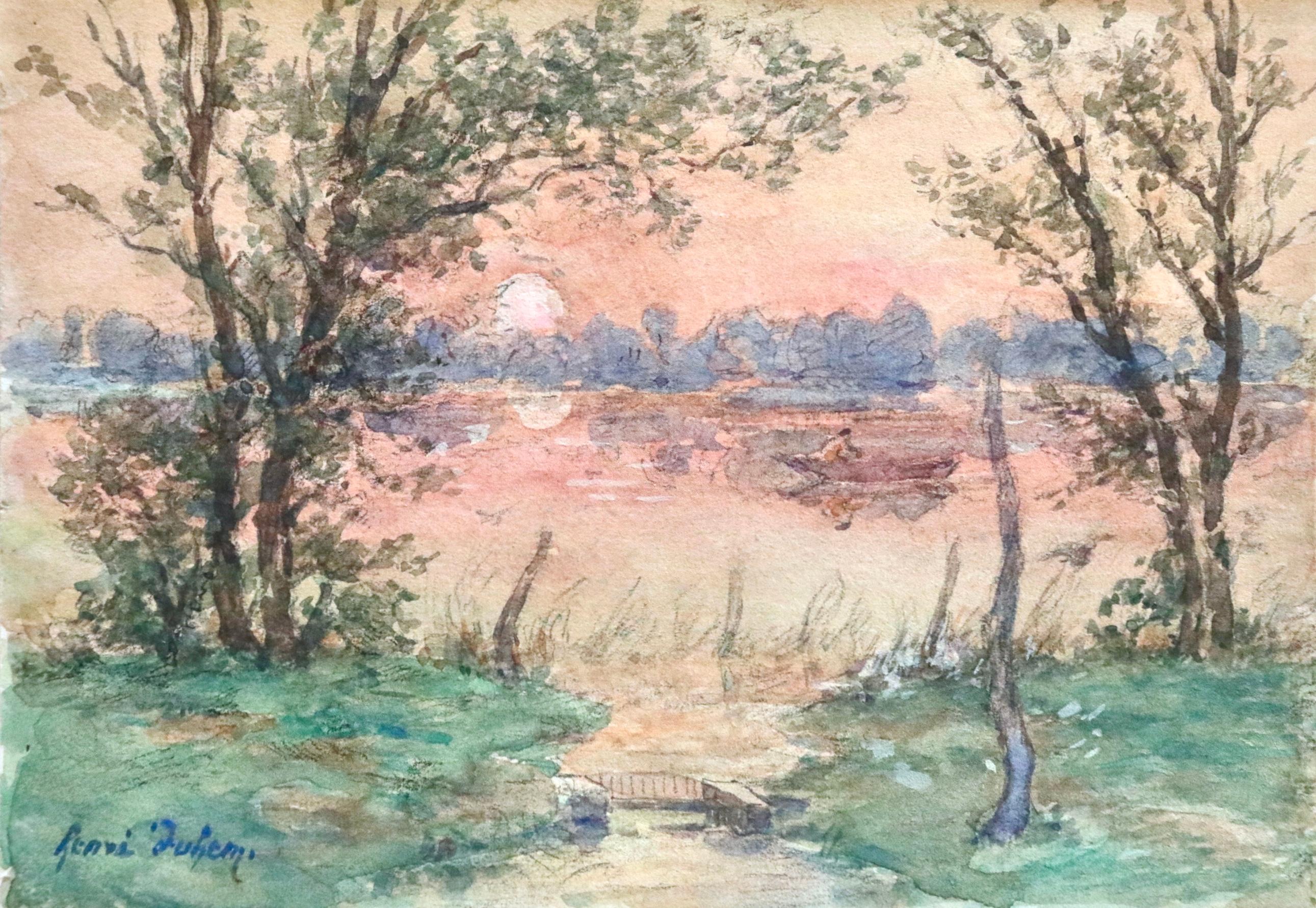 Henri Duhem Landscape Art - Rowing at Sunset - Impressionist Watercolor, Boat on River Landscape by H Duhem
