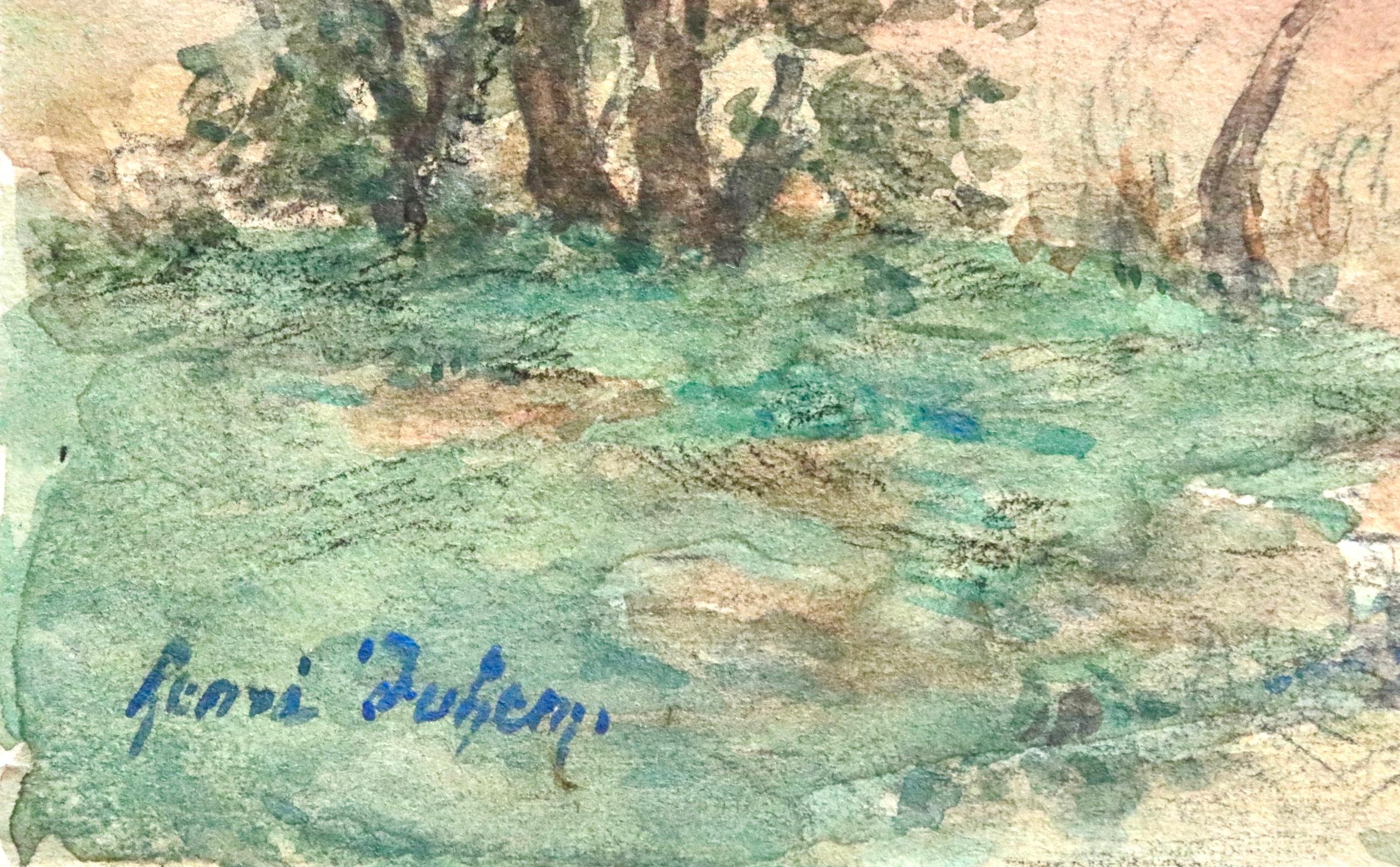 Rowing at Sunset - Impressionist Watercolor, Boat on River Landscape by H Duhem - Art by Henri Duhem