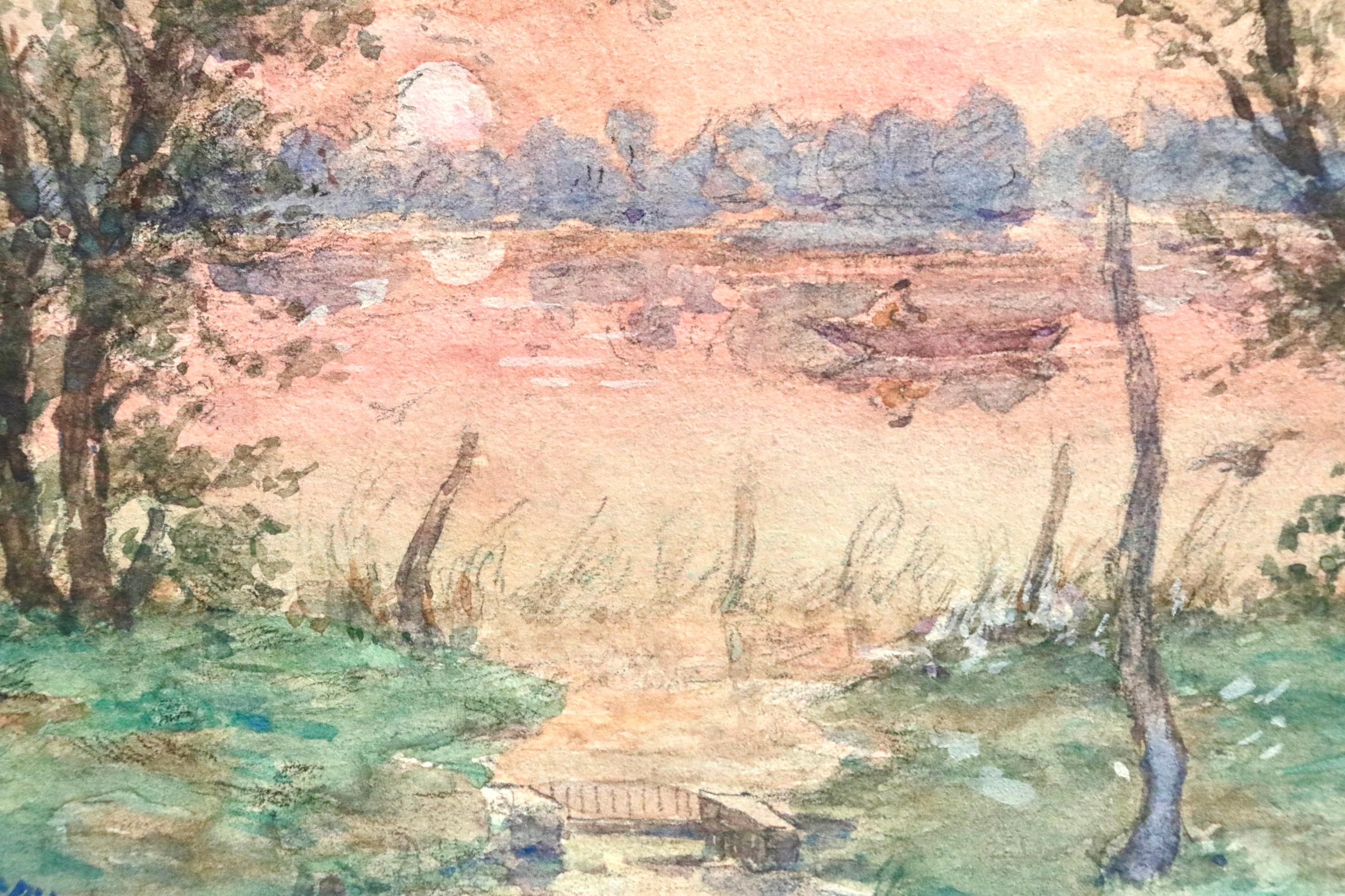 Rowing at Sunset - Impressionist Watercolor, Boat on River Landscape by H Duhem - Beige Landscape Art by Henri Duhem