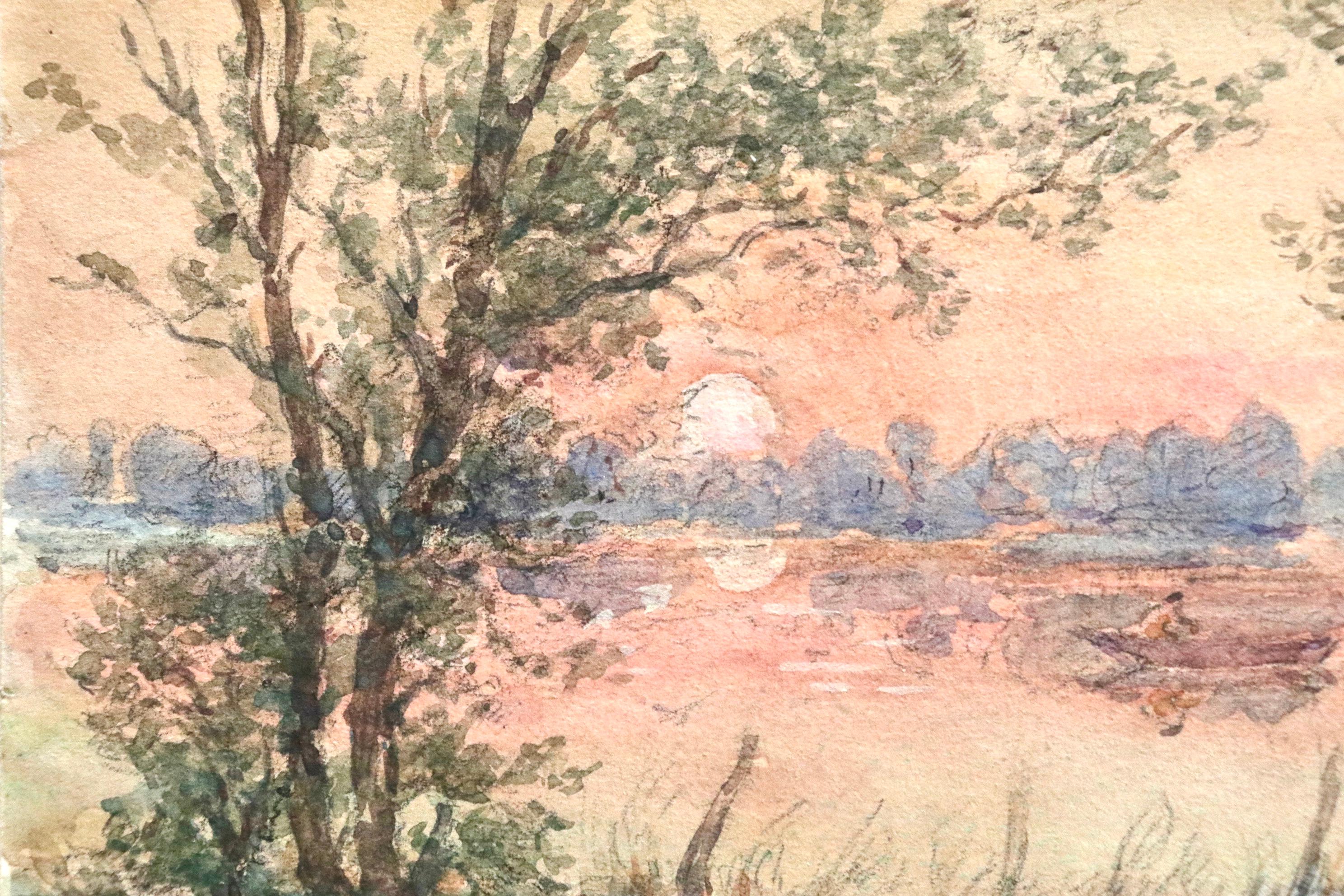 A wonderful watercolour on paper circa 1910 by French impressionist painter Henri Duhem depicting a man rowing a boat along a river as the sun sets behind the trees in the distance. 

Signature:
Signed lower left

Dimensions:
Unframed: