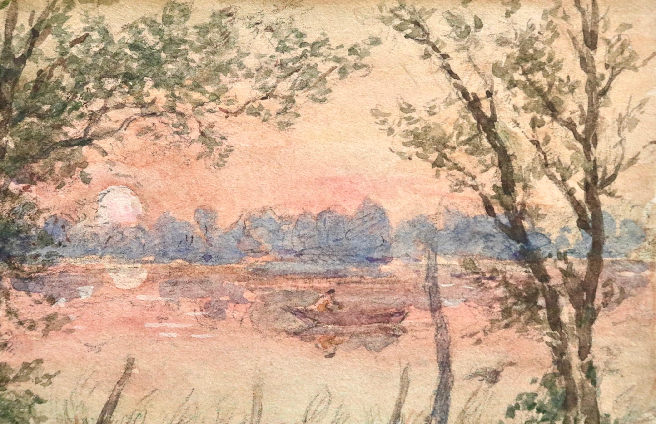 Rowing at Sunset - Impressionist Watercolor, Boat on River Landscape by H Duhem 2