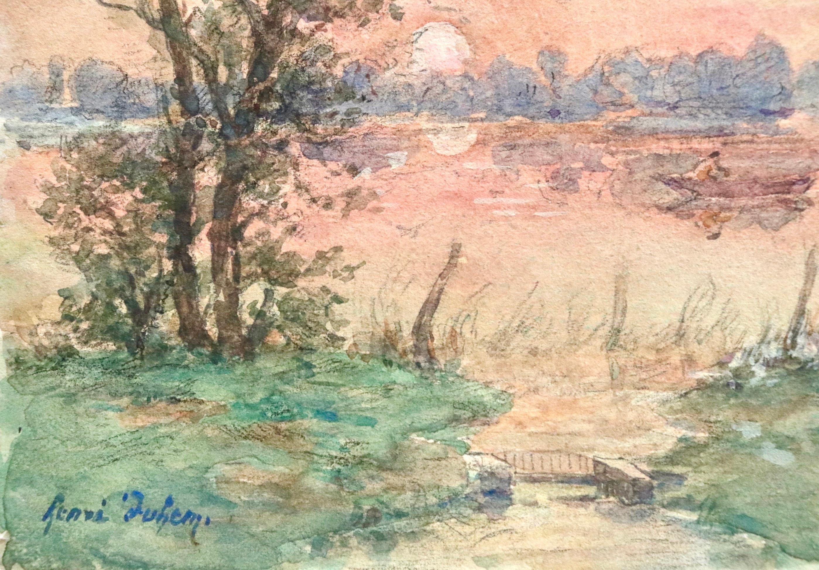 Rowing at Sunset - Impressionist Watercolor, Boat on River Landscape by H Duhem 4