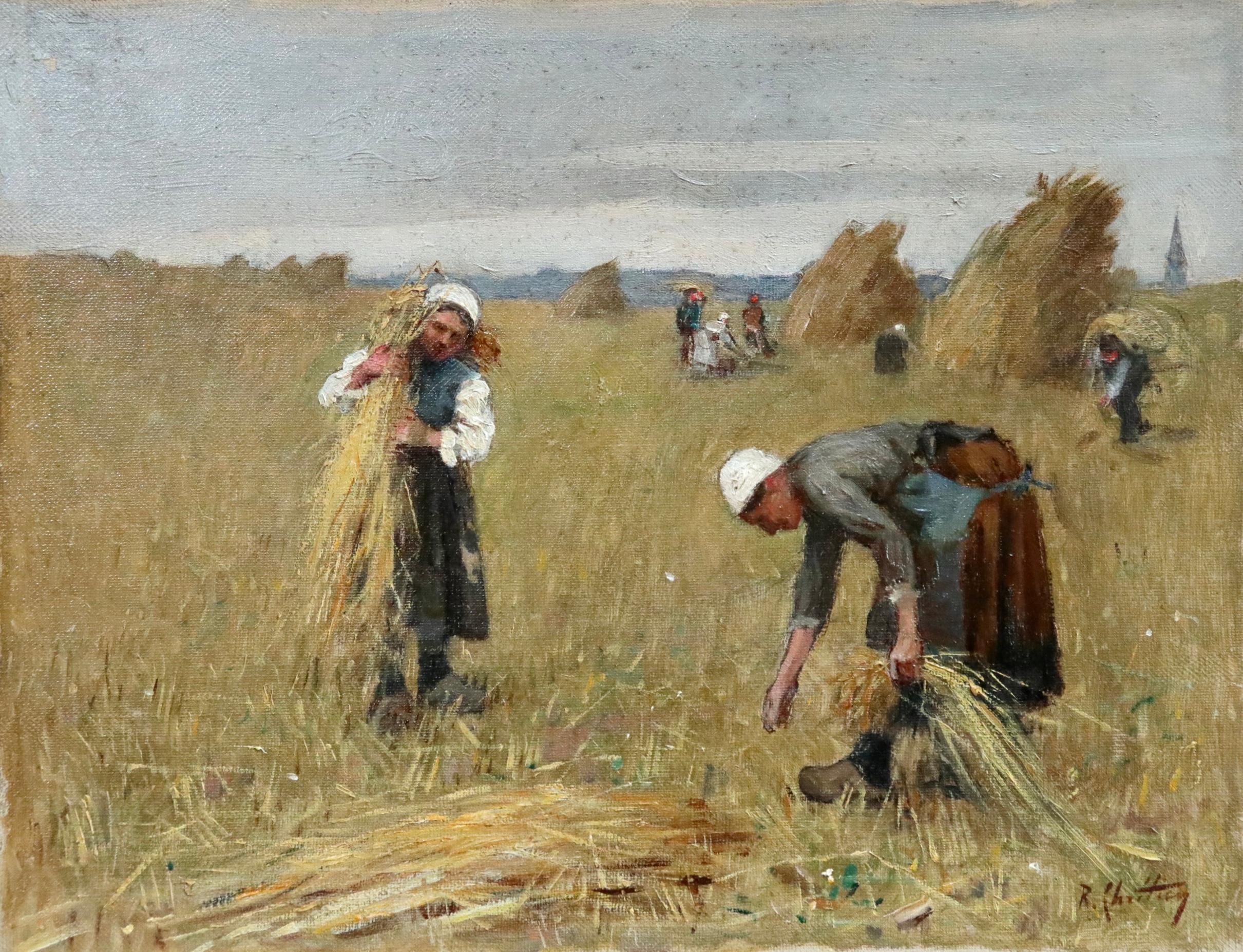 René Louis Chrétien Figurative Painting - Harvesting - 19th Century Oil, Figures in Landscape by Rene Louis Chretien