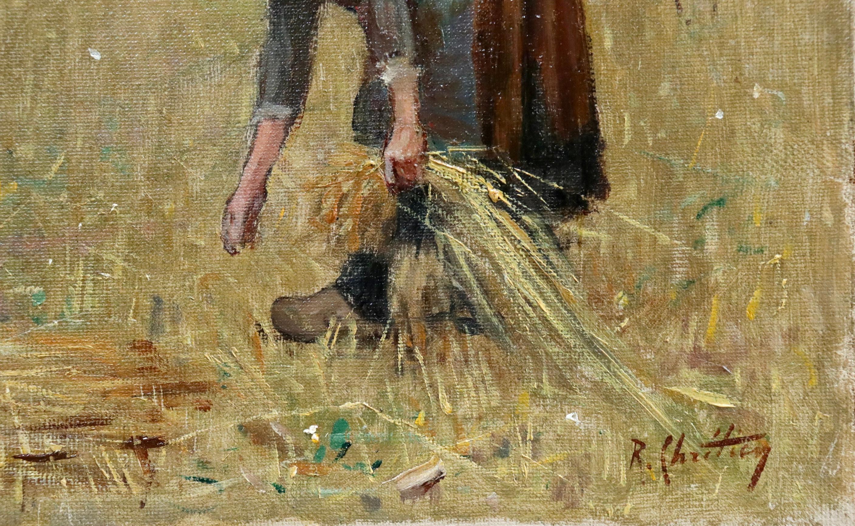 Harvesting - 19th Century Oil, Figures in Landscape by Rene Louis Chretien - Painting by René Louis Chrétien