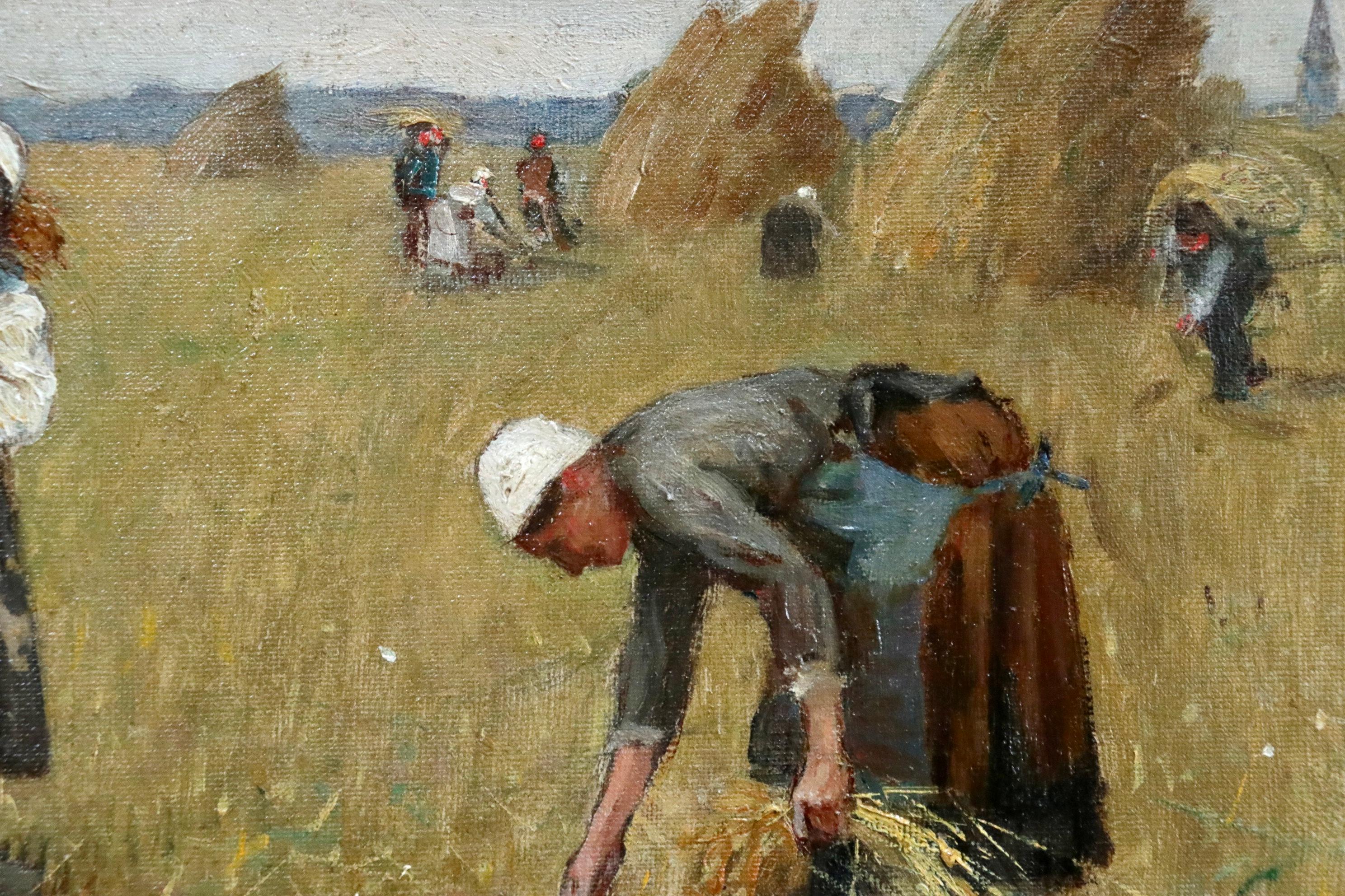Harvesting - 19th Century Oil, Figures in Landscape by Rene Louis Chretien - Impressionist Painting by René Louis Chrétien