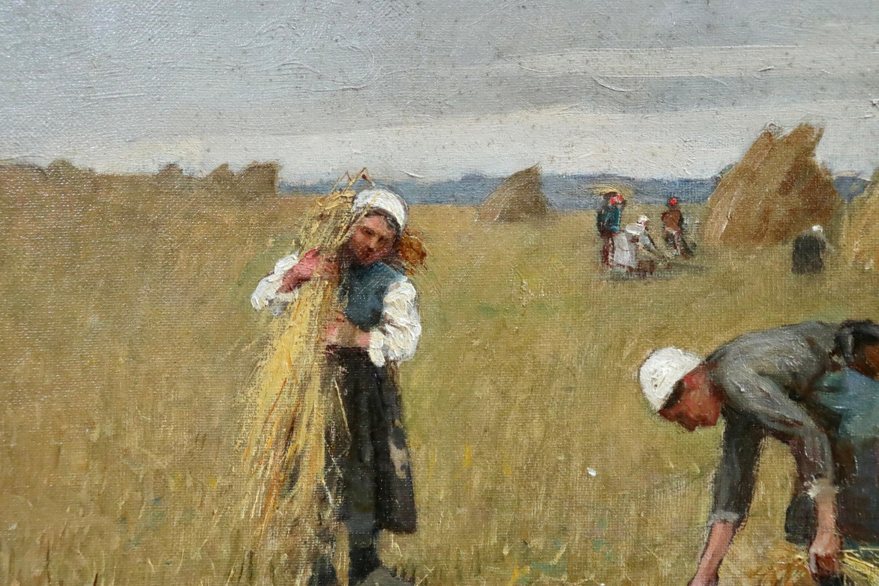 Harvesting - 19th Century Oil, Figures in Landscape by Rene Louis Chretien - Brown Figurative Painting by René Louis Chrétien