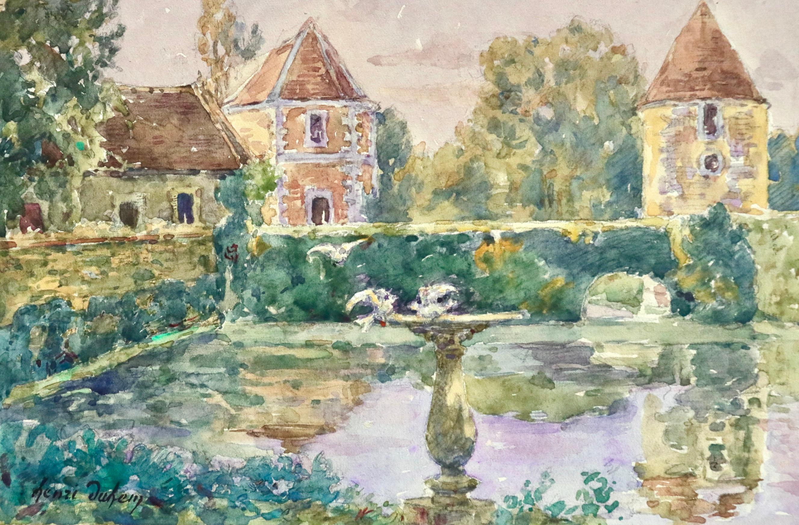 Une superbe aquarelle sur papier réalisée vers 1910 par le peintre impressionniste français Henri Duhem. L'aquarelle représente une pièce d'eau dans le jardin de l'oncle de l'artiste, Dincq, sur la place Saint-Pierre à Douai. La pièce est