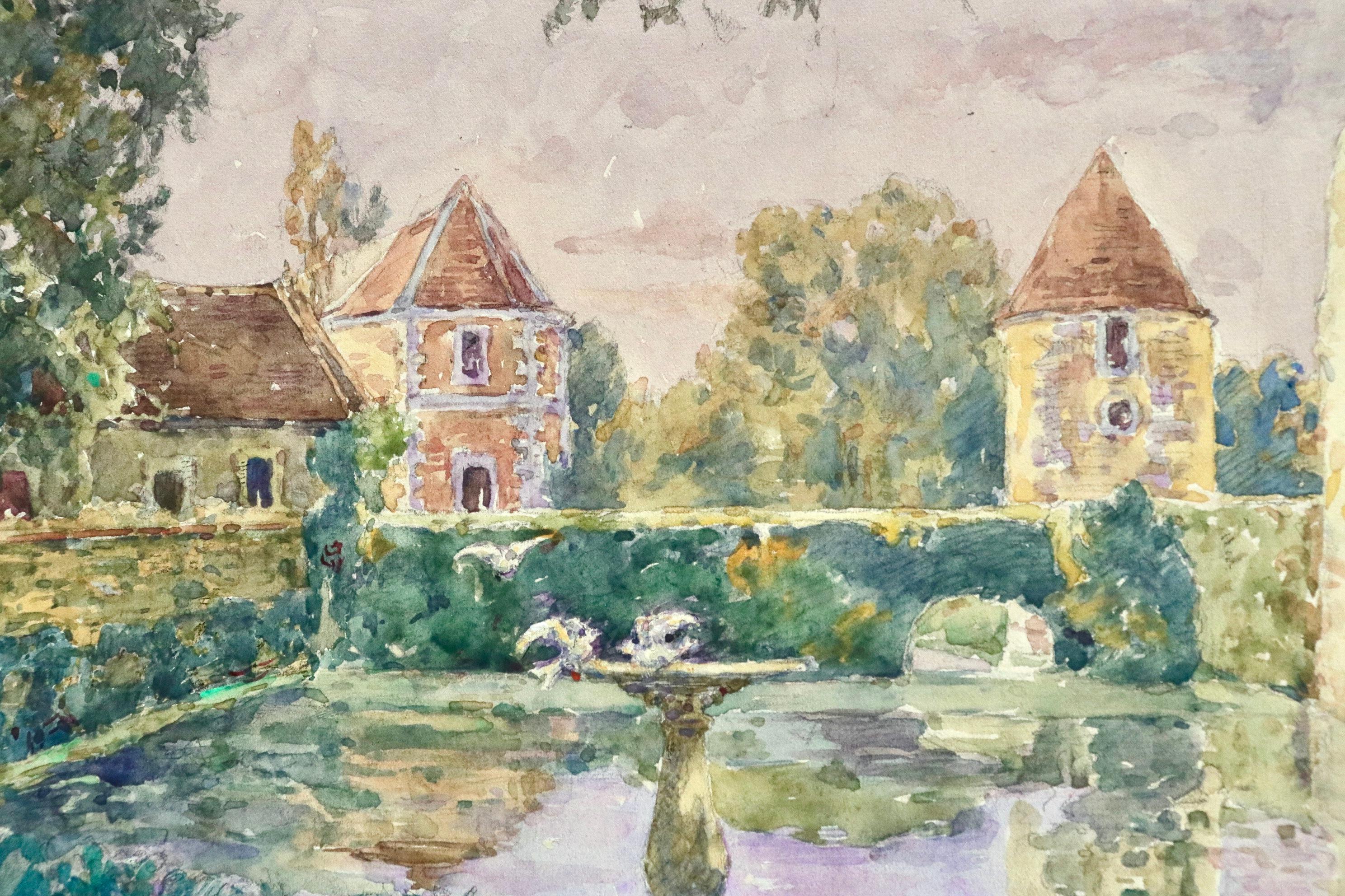 A stunning watecolour on paper circa 1910 by French Impressionist painter Henri Duhem. The watercolour depicts a water feature in the garden of the artist's Uncle Dincq, in the St Pierre Square in Douai. The piece is exceptional. This painting is
