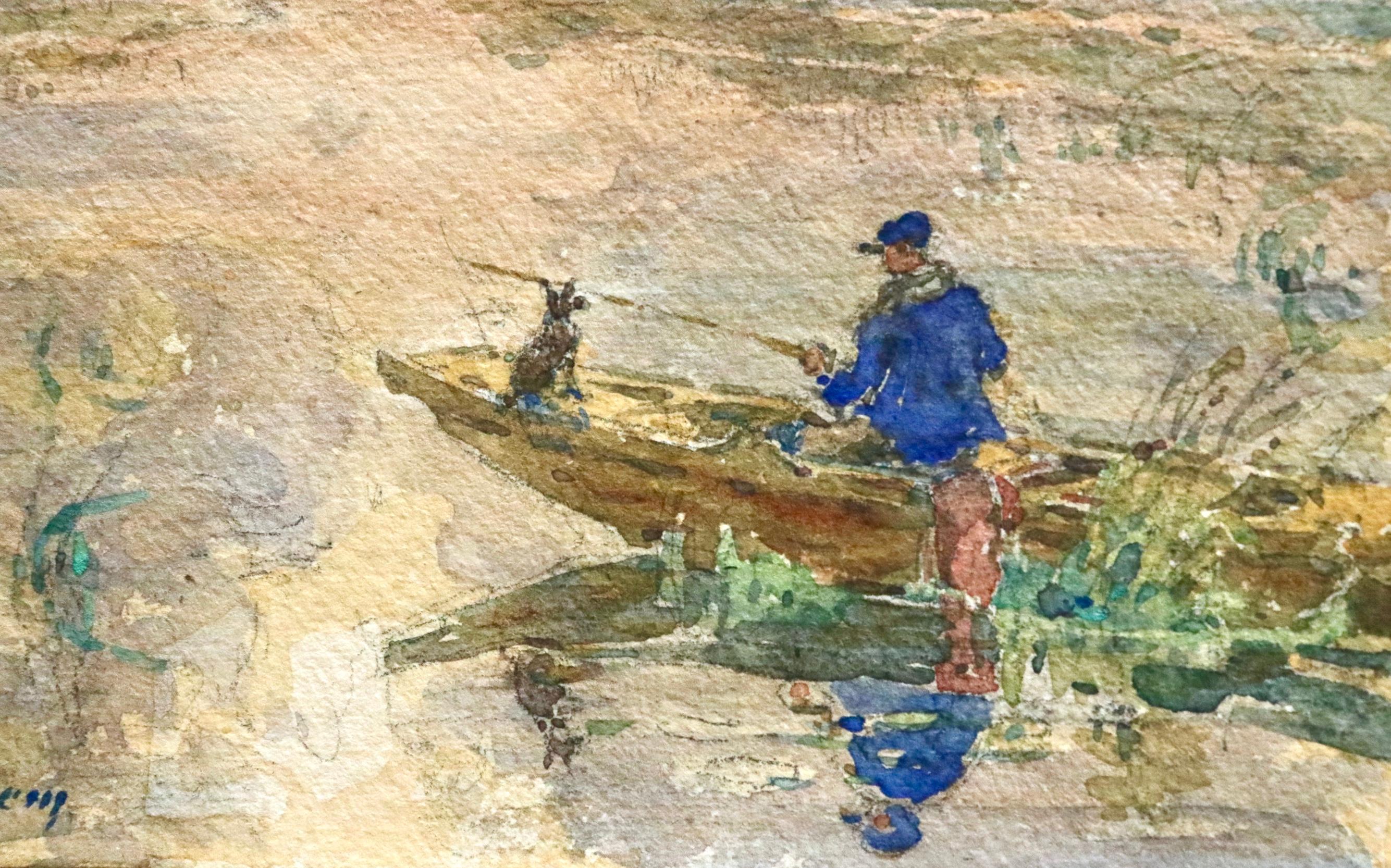 Pche - 19. Jahrhundert Aquarell, Mann auf Boot Fischer in Flusslandschaft - Henri Duhem im Angebot 2