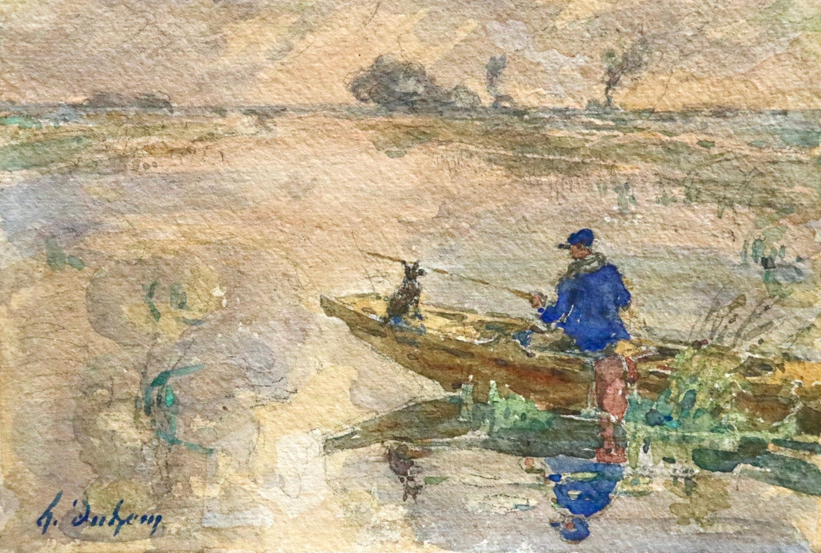 Pêche - 19th Century Watercolor, Man on Boat Fishing in Riverscape - Henri Duhem For Sale 1