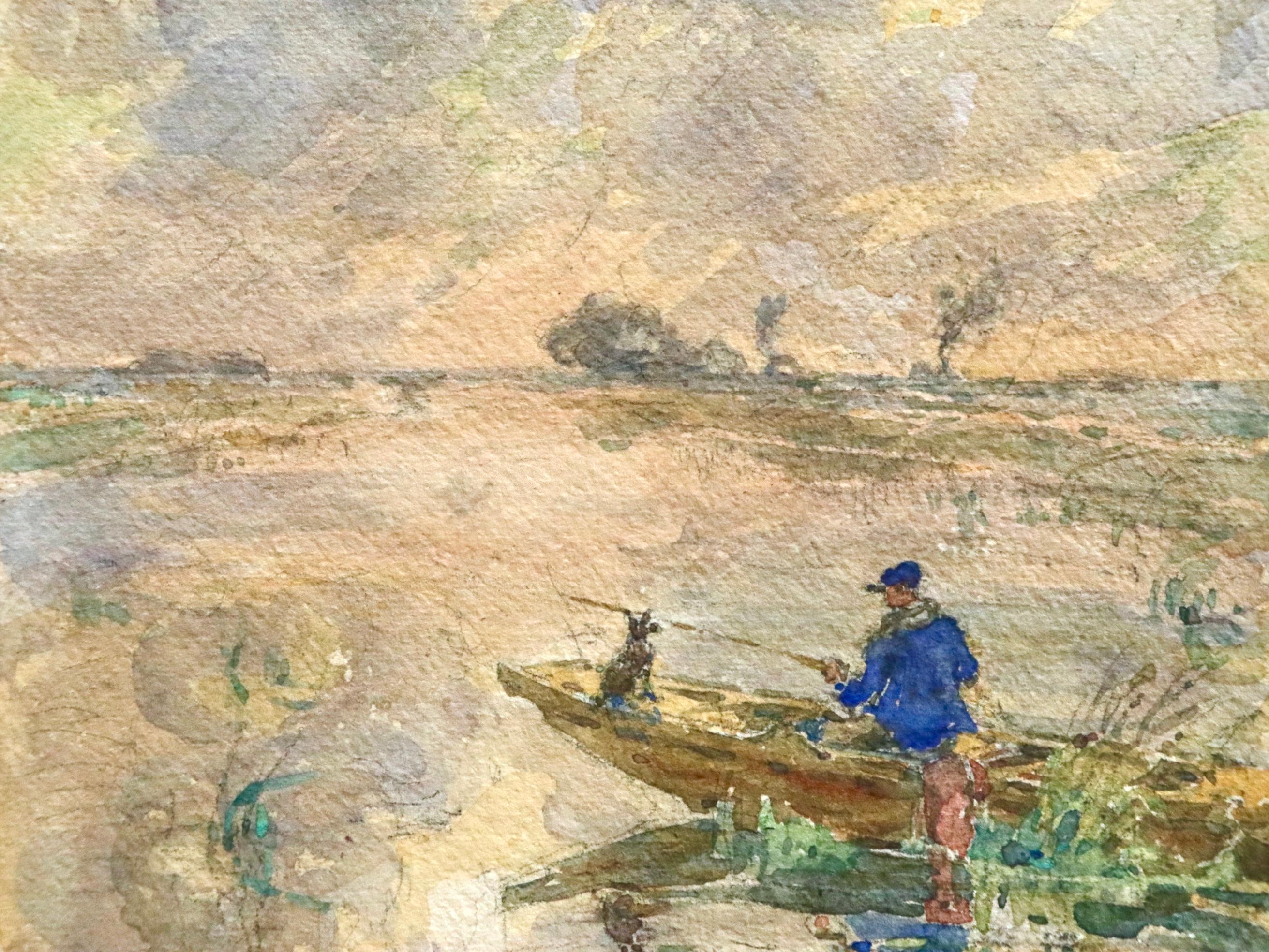 Pêche - 19th Century Watercolor, Man on Boat Fishing in Riverscape - Henri Duhem For Sale 2