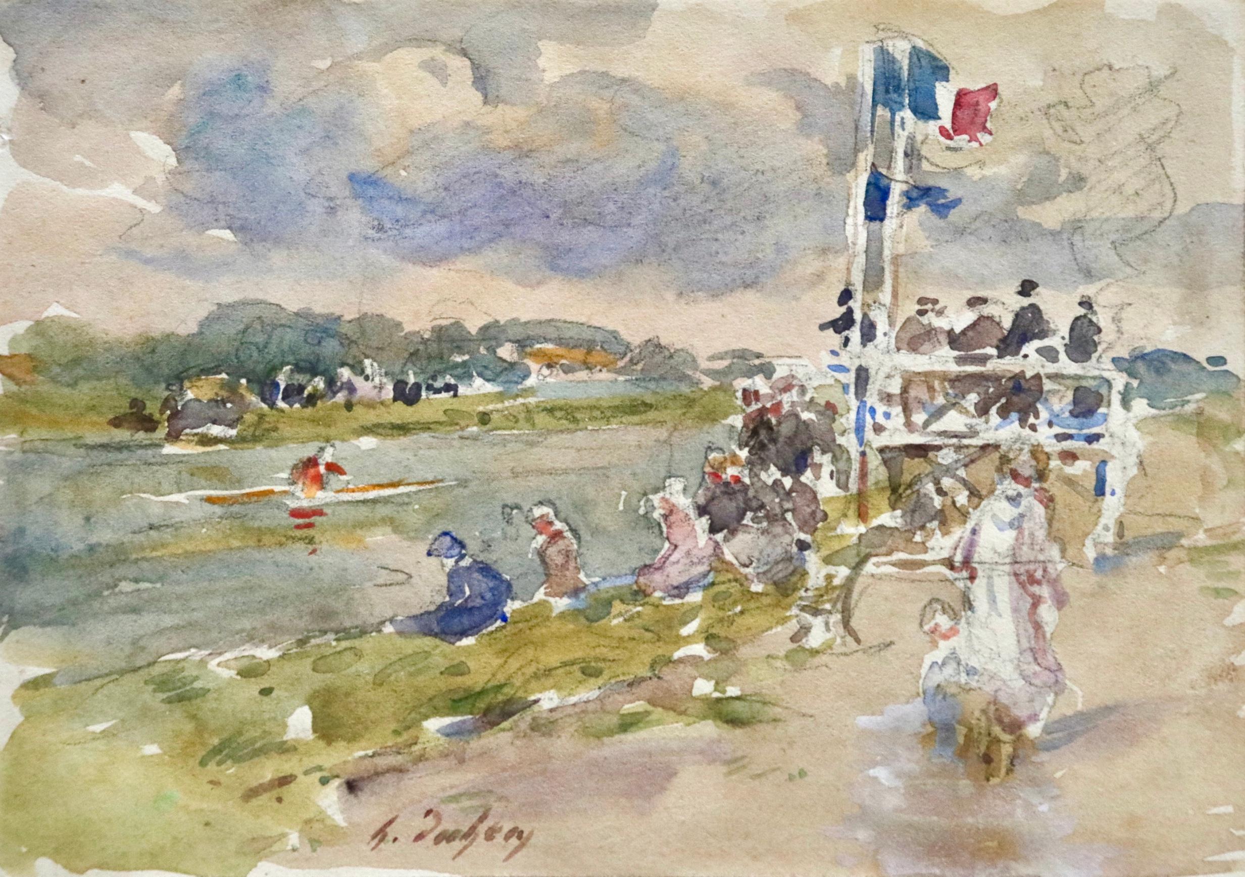Henri Duhem Landscape Art - Bastille Day - Douai 1929 - 19th Century Watercolor, Figures by River by H Duhem
