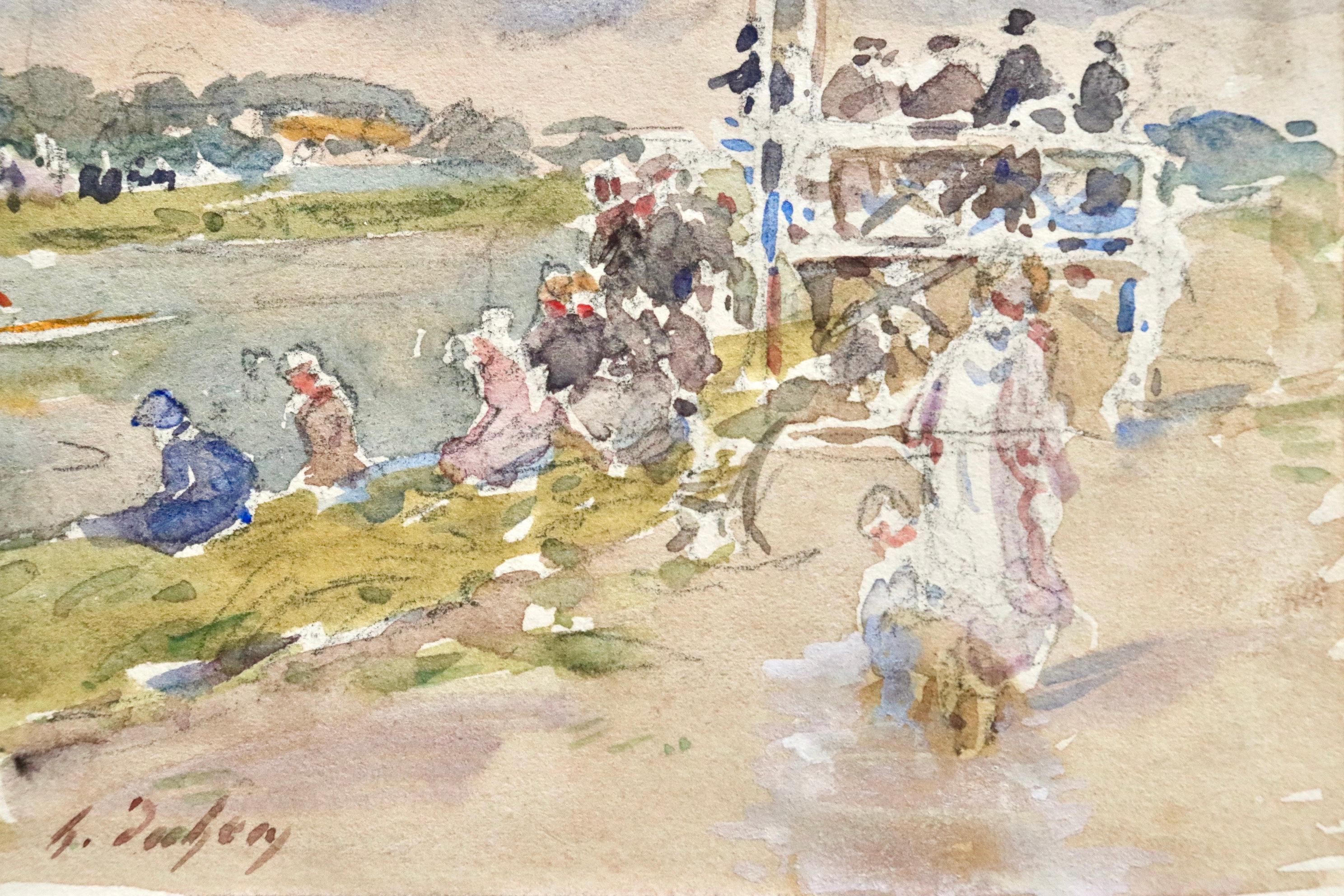 Bastille Day - Douai 1929 - 19th Century Watercolor, Figures by River by H Duhem - Impressionist Art by Henri Duhem