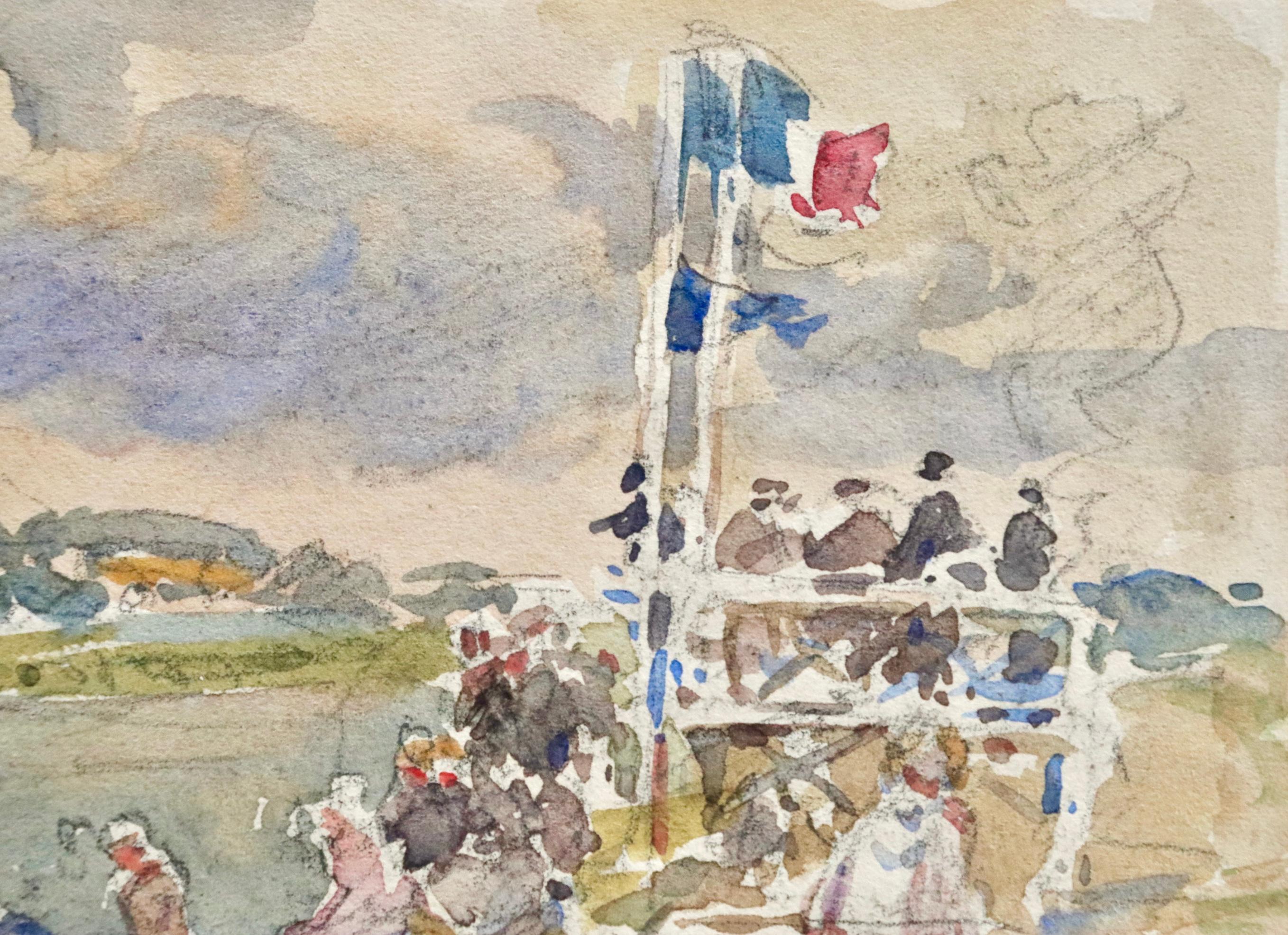 Bastille Day - Douai 1929 - 19th Century Watercolor, Figures by River by H Duhem - Beige Landscape Art by Henri Duhem