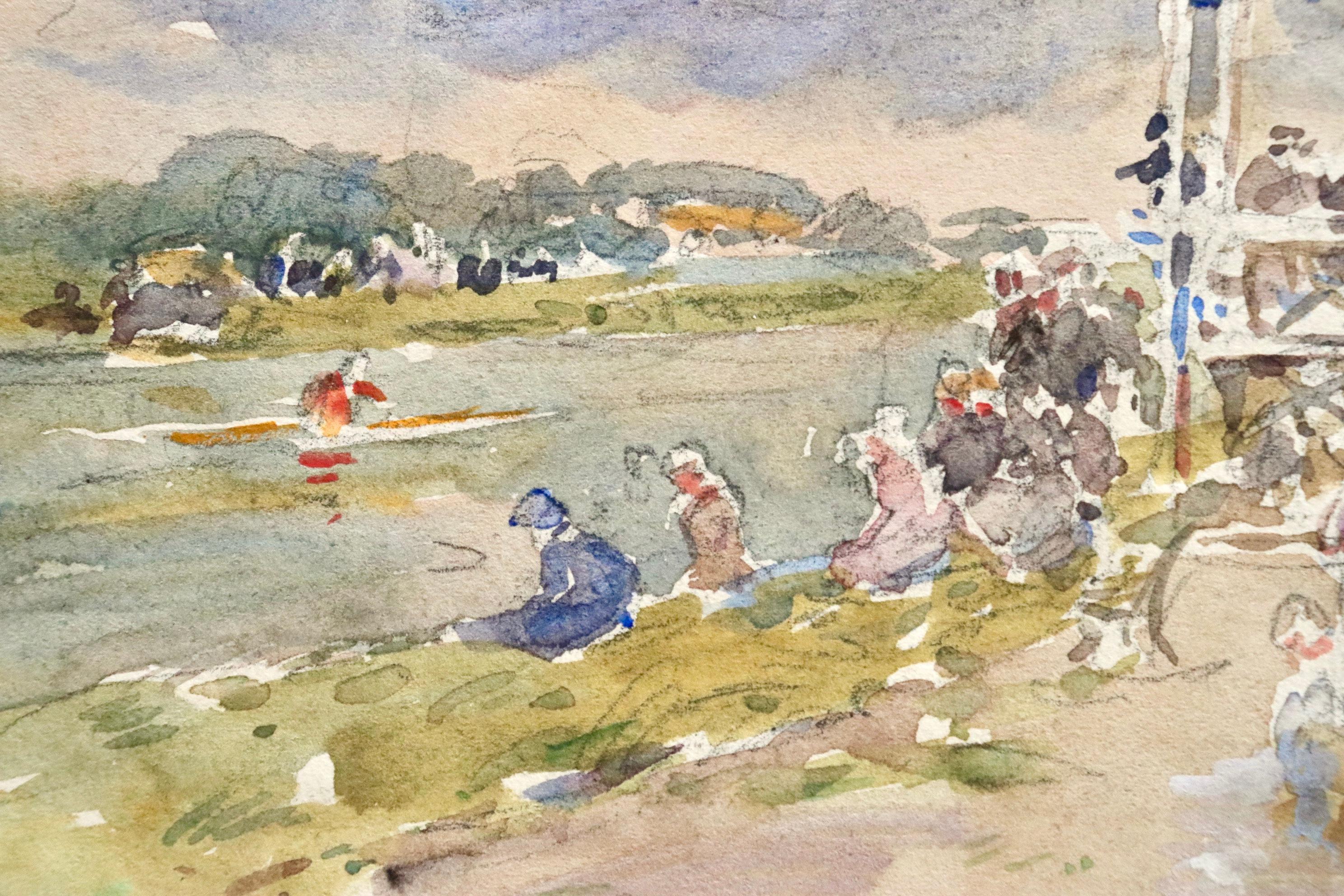 Watercolour on paper by Henri Duhem depicting Bastille Day celebrations in Douai, France. A canoe rows past the crowds gathered on the river bank as the French flag flies over head. Signed lower centre and dated 1929 verso. The artist has made notes
