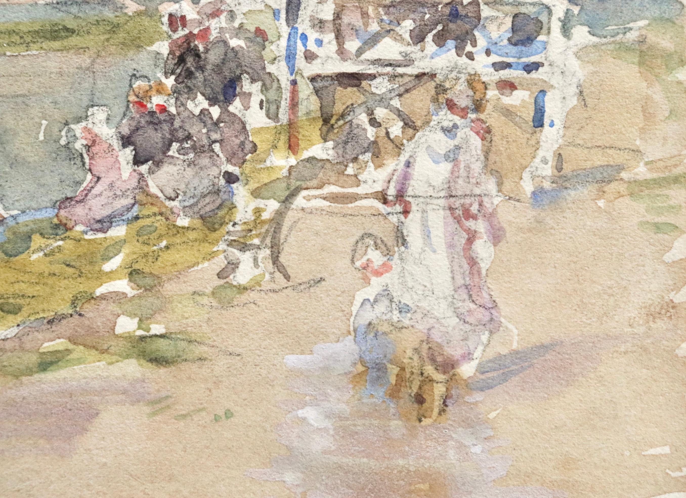 Bastille Day - Douai 1929 - 19th Century Watercolor, Figures by River by H Duhem For Sale 1