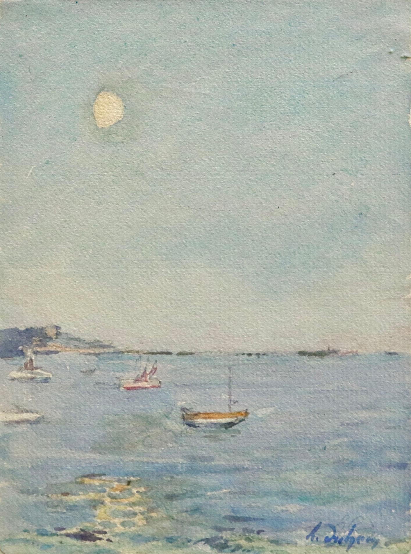 Watercolour on paper circa 1925 by Henri Duhem depicting boats on a calm, serene sea with the sun high in the sky. Signed lower right with the artist's notes to the painting on the reverse. This painting is not currently framed but a suitable frame