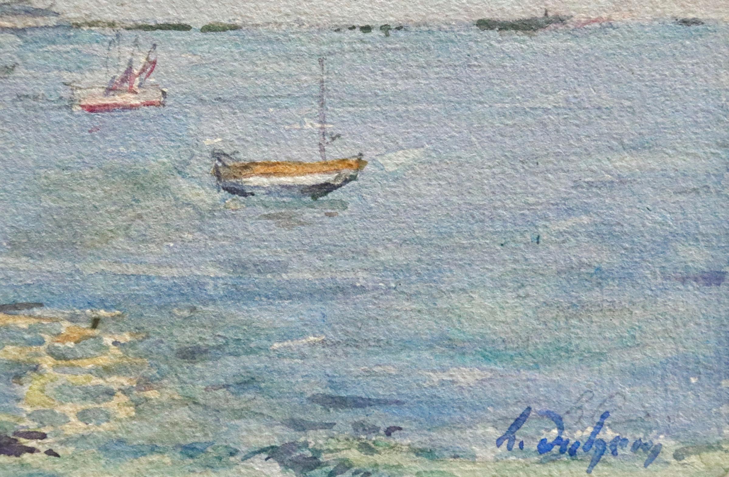 La Mer - 19th Century Watercolor, Boats in Blue Seascape by Henri Duhem 1
