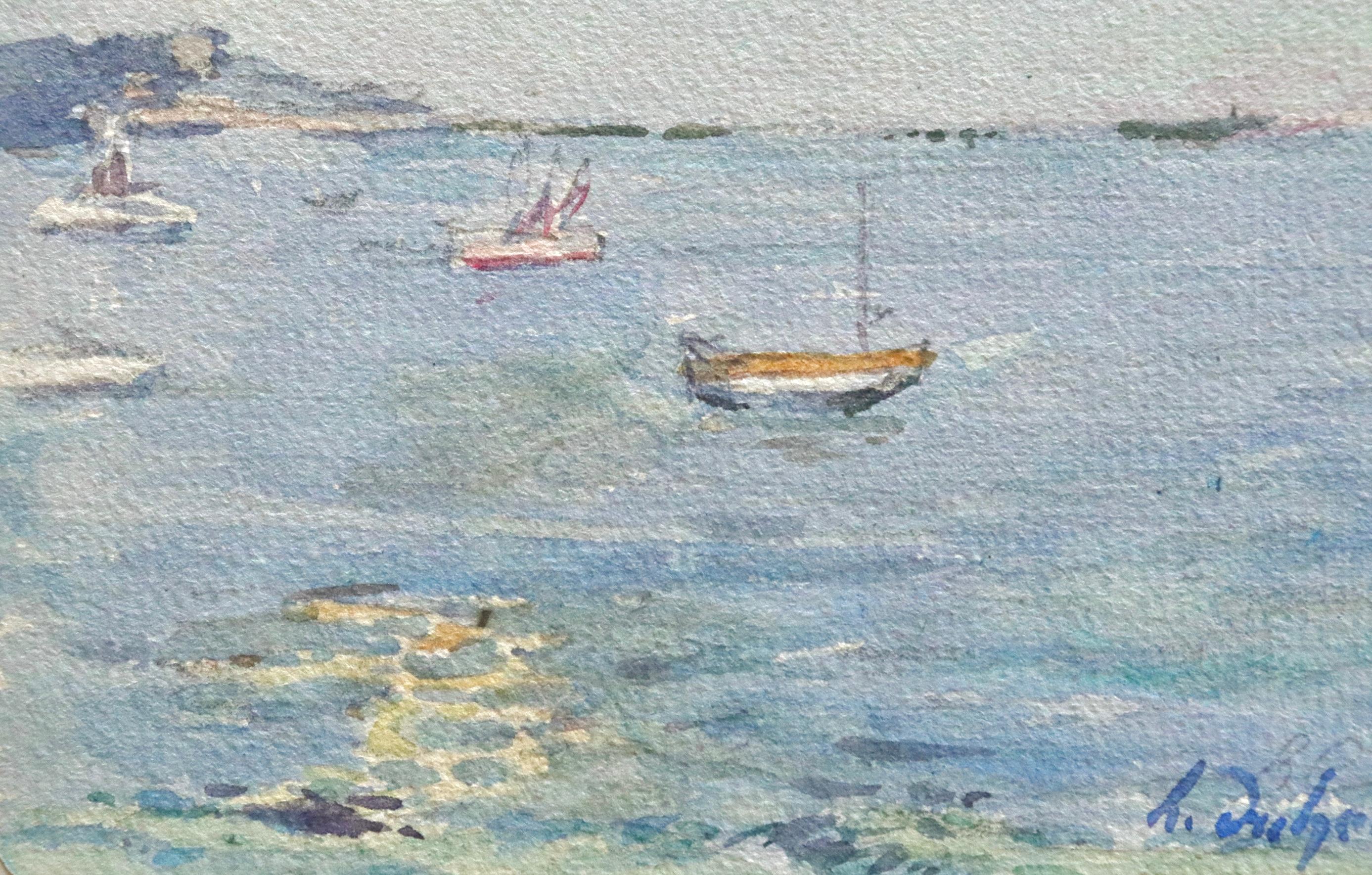 La Mer - 19th Century Watercolor, Boats in Blue Seascape by Henri Duhem 2