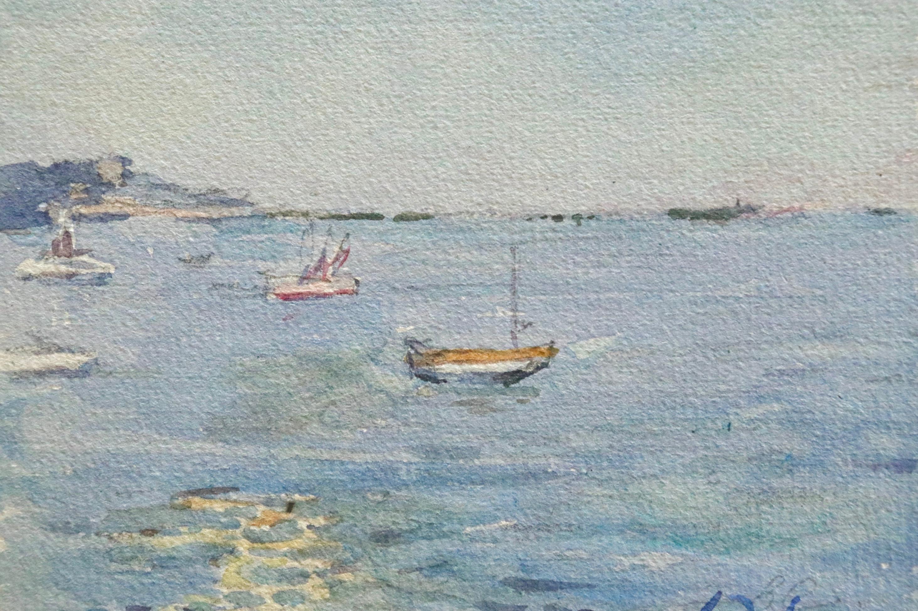 La Mer - 19th Century Watercolor, Boats in Blue Seascape by Henri Duhem 3