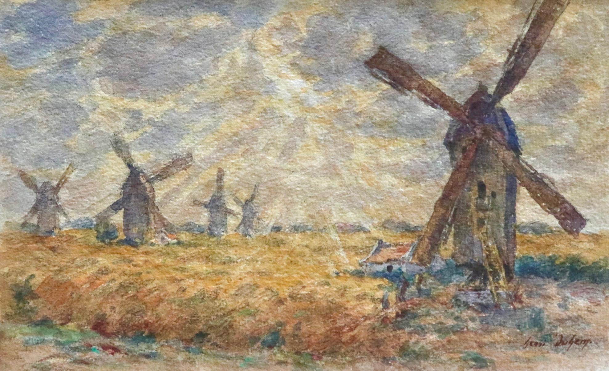 Watercolour on paper circa 1915 depicting windmills in a field with rays of sun breaking through the clouds. Signed lower right. This painting is not currently framed but a suitable frame can be sourced if required. 

Descendant of an old Flemish