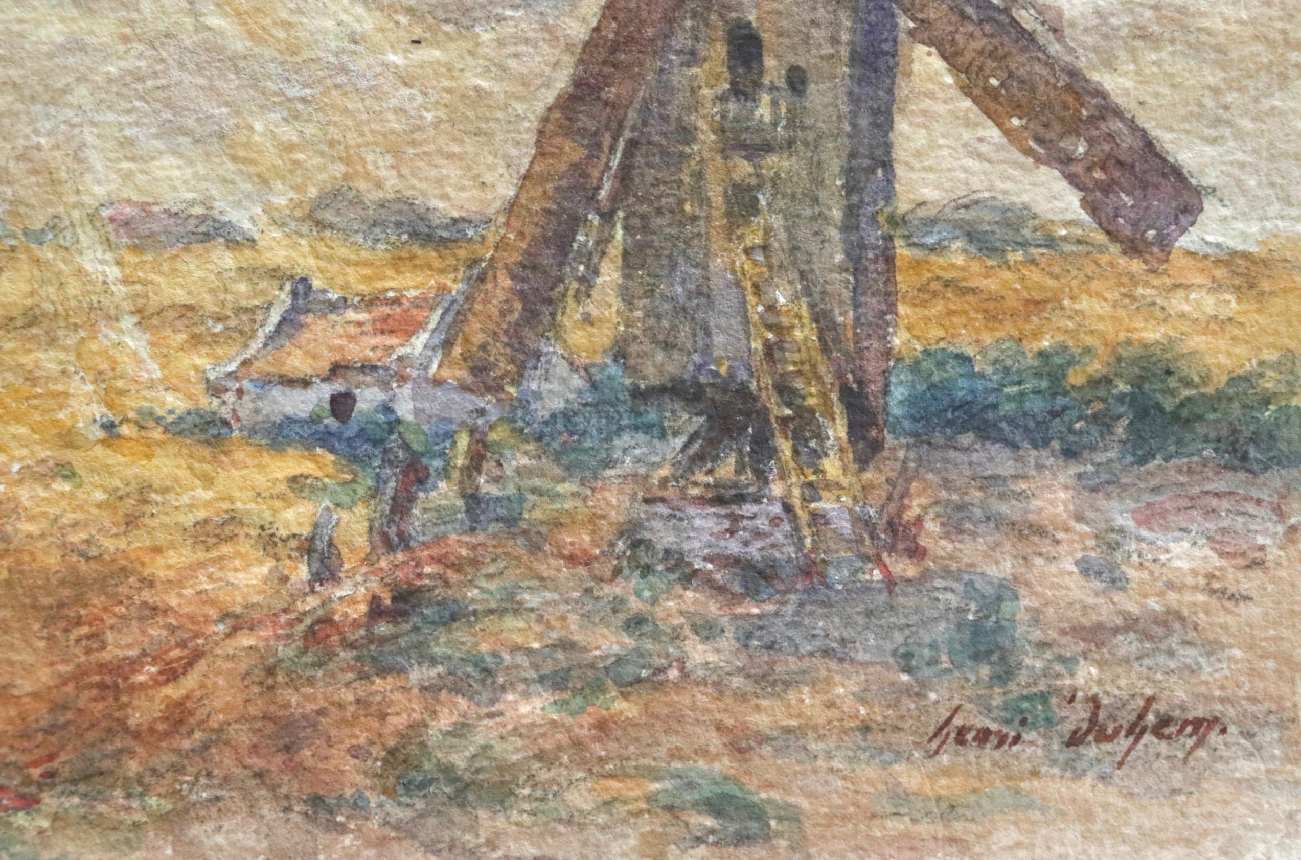 Les Moulins - 19th Century Watercolor, Windmills in Landscape by Henri Duhem 1