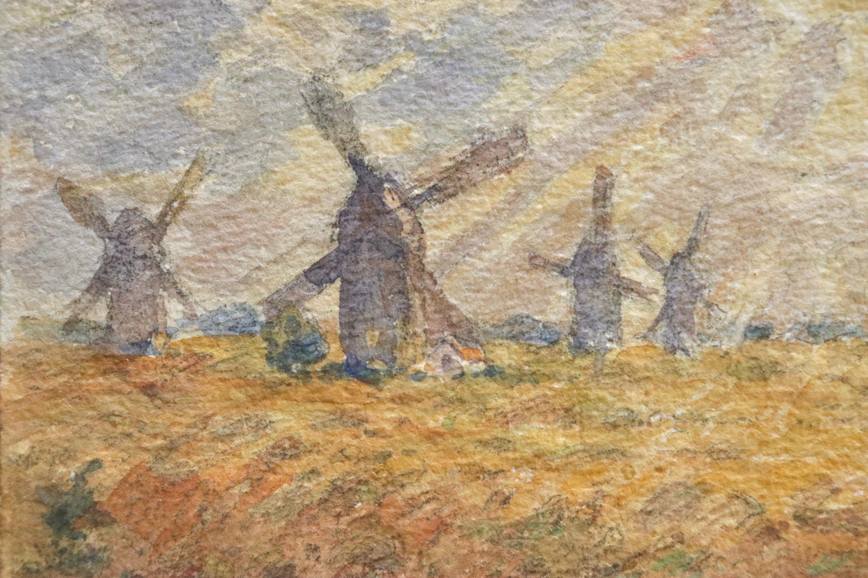 Les Moulins - 19th Century Watercolor, Windmills in Landscape by Henri Duhem 2