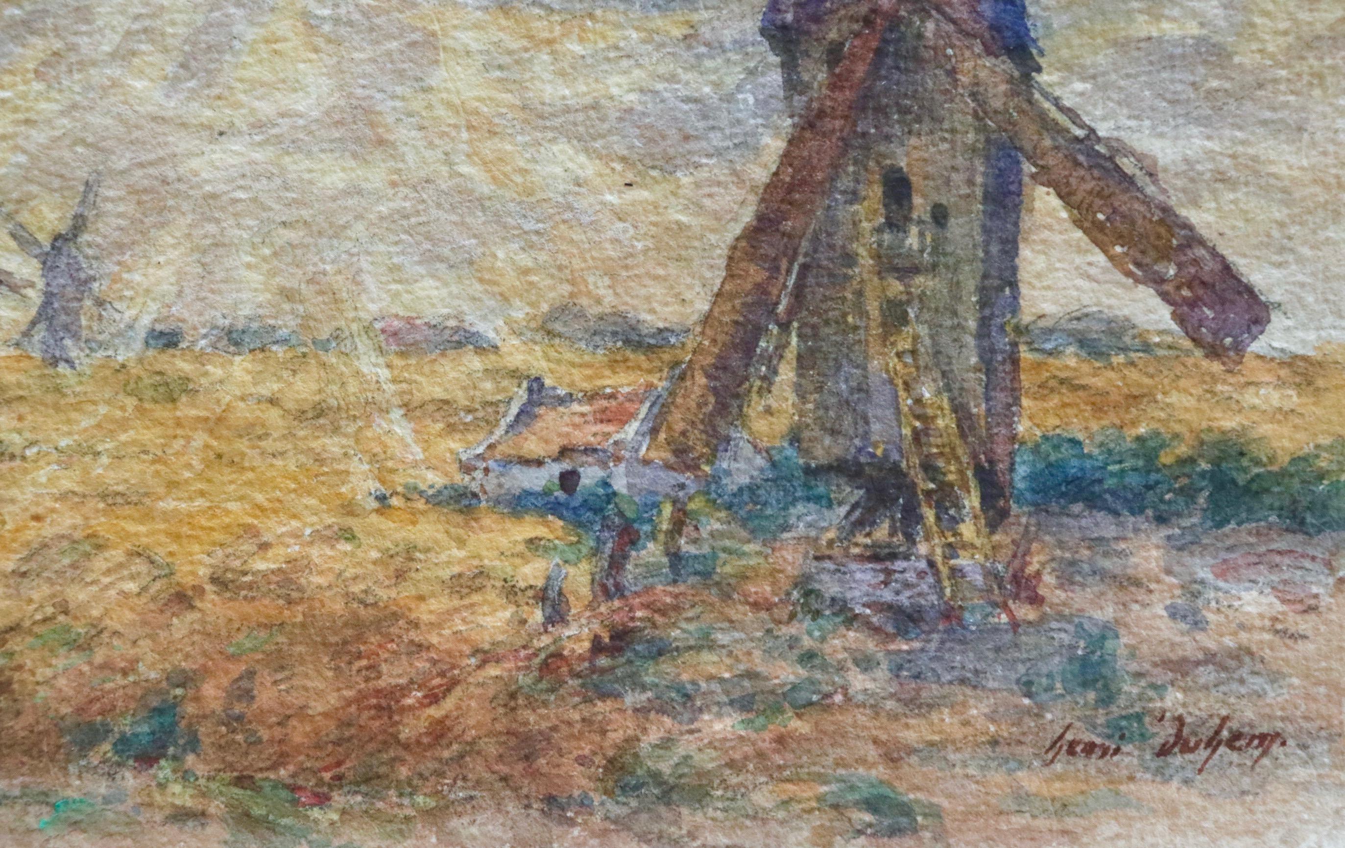 Les Moulins - 19th Century Watercolor, Windmills in Landscape by Henri Duhem 3