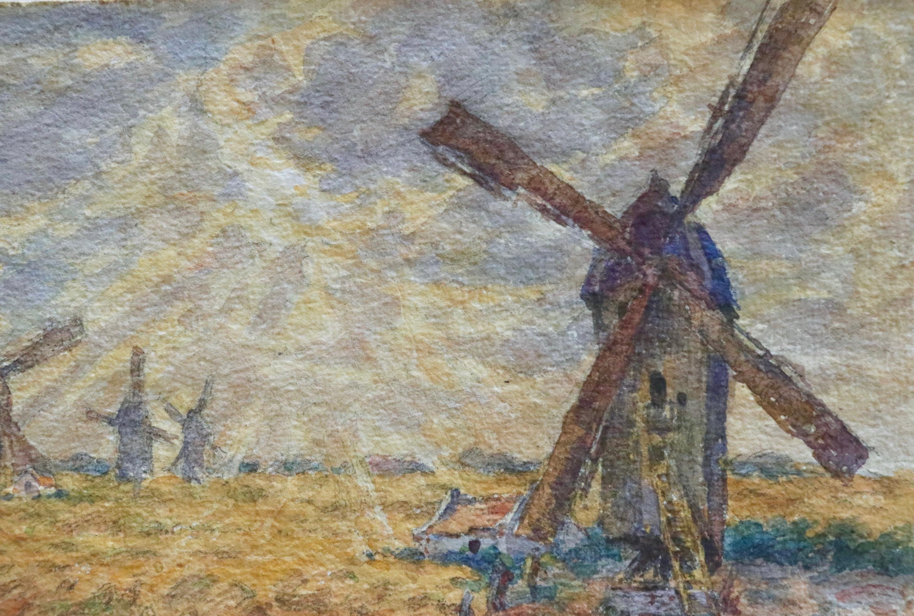 Les Moulins - 19th Century Watercolor, Windmills in Landscape by Henri Duhem 4