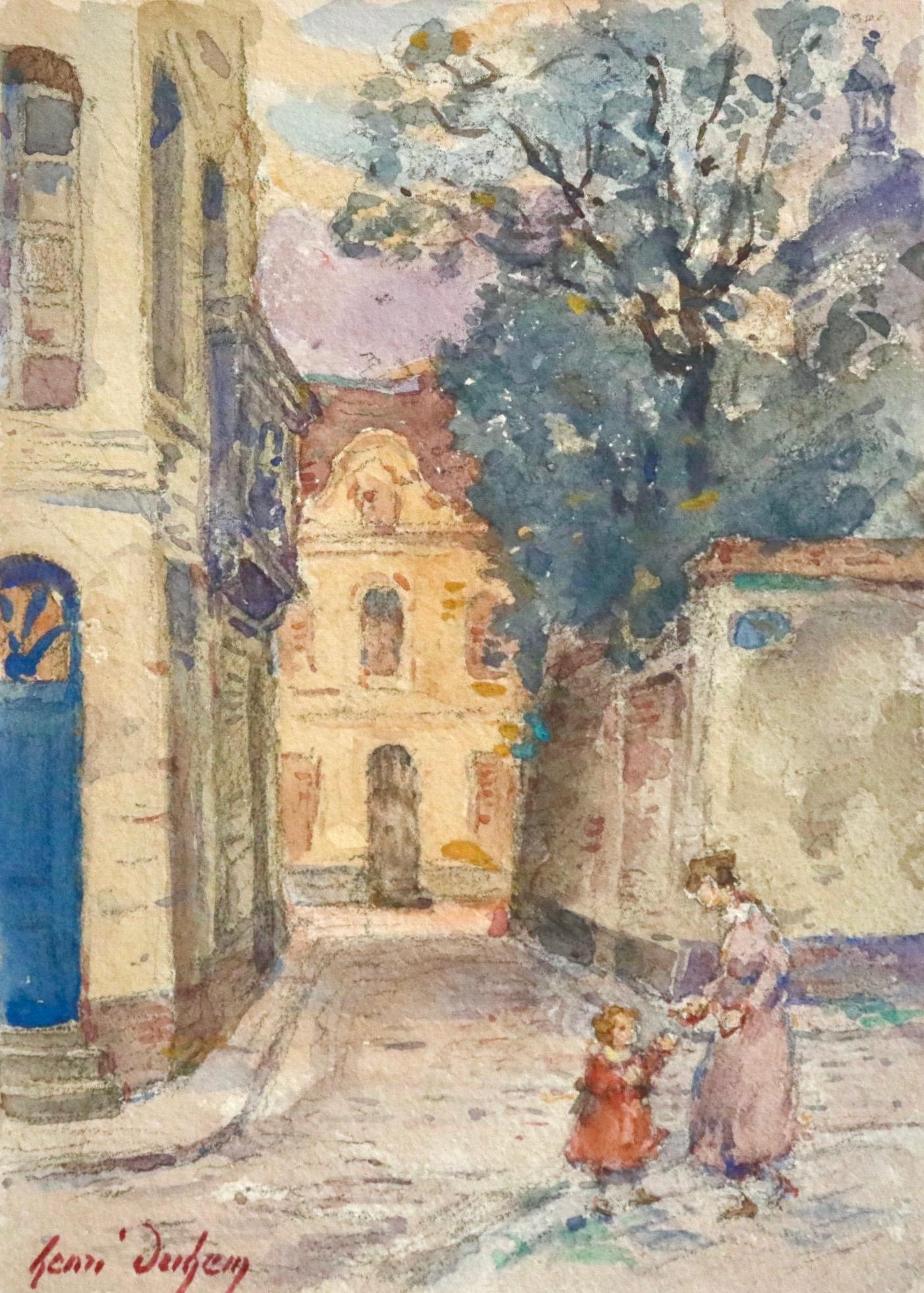 A lovely watercolour on paper circa 1925 by Henri Duhem depicting a mother engaging with her young daughter in the street in a village. Signed lower left. This painting is not currently framed but a suitable frame can be sourced if
