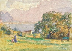 Walk in the Hills - 19th Century Watercolor, Figures in Landscape by Henri Duhem