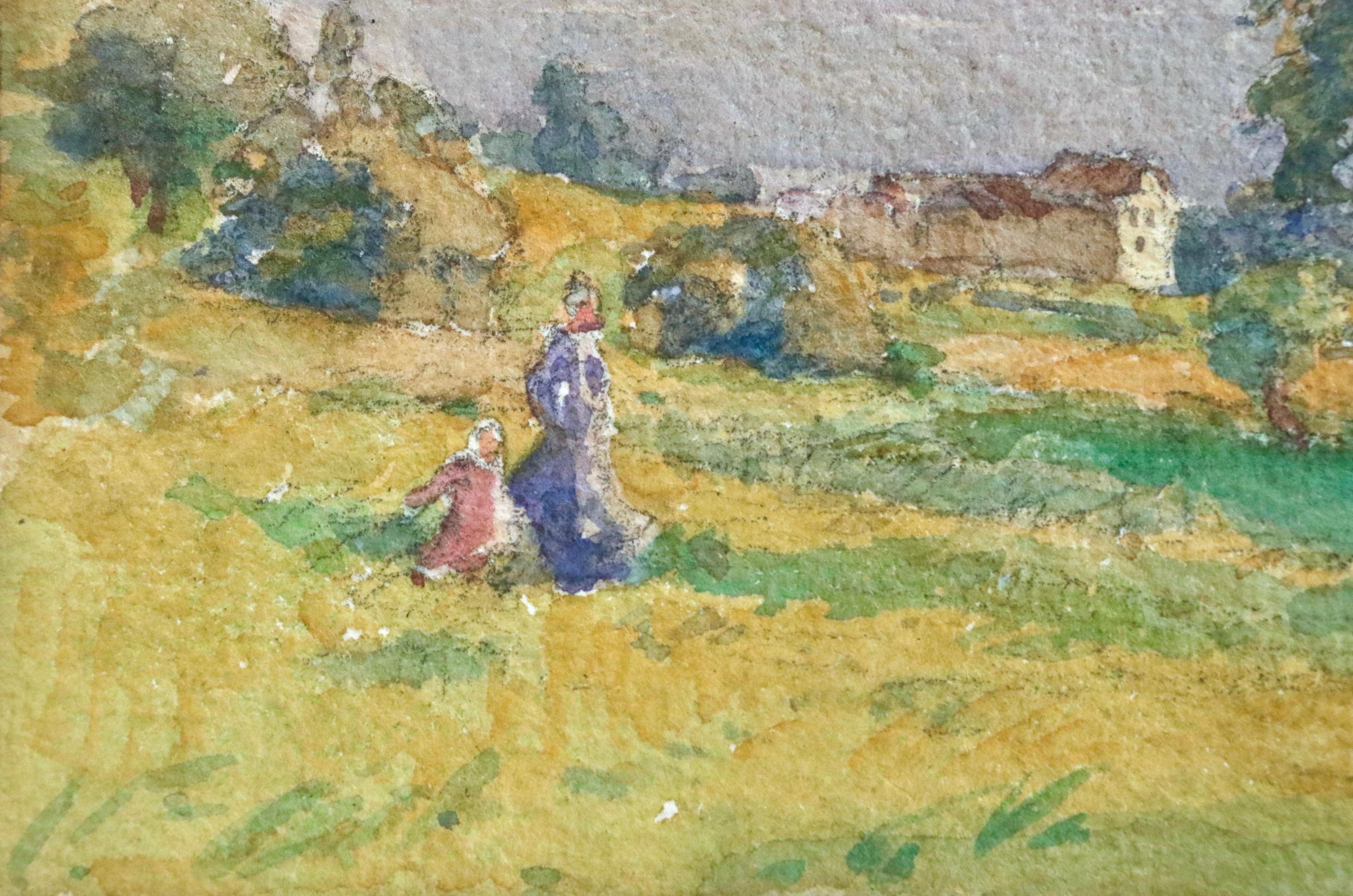 Walk in the Hills - 19th Century Watercolor, Figures in Landscape by Henri Duhem 1