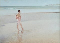 Clarissa Impatient - Watercolor, Nude Figure in Coastal Landscape by W R Flint