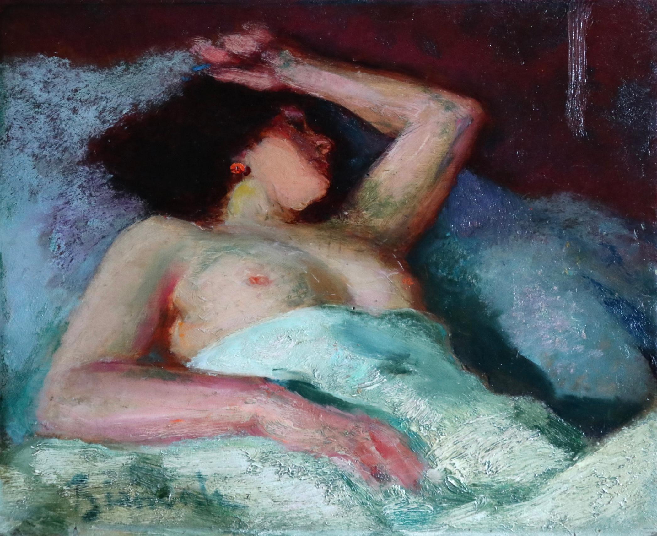Oil in panel by Italian painter Bernardo Biancale depicting a nude brunette lying in a bed with a sheet over her. Signed lower left. This painting is not currently framed but a suitable frame can be sourced if required.

Provenance: 
The collection